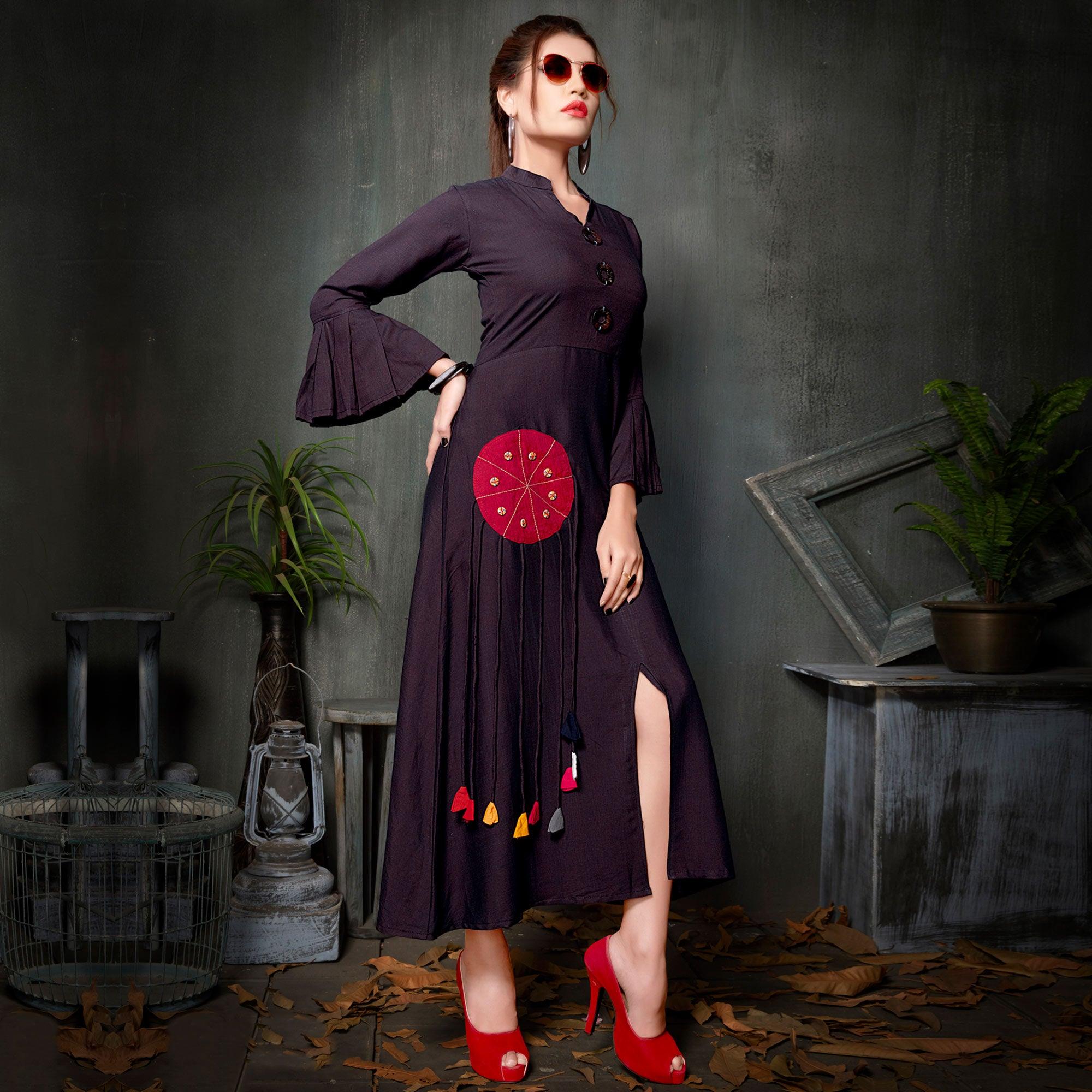 Peachmode Seller Dark Purple Embroidered Rayon Kurti