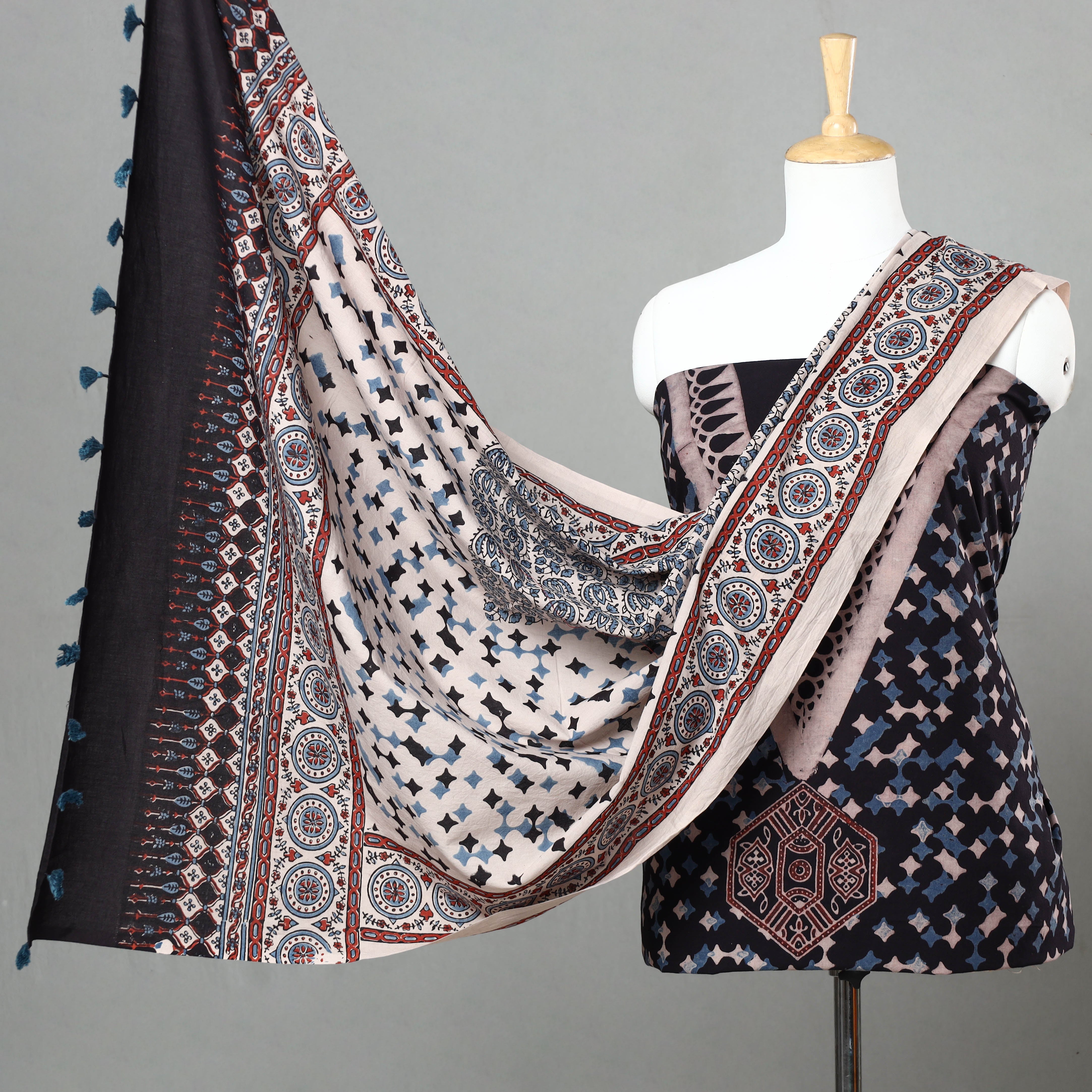 AJRAKH BY JABBAR KHATRI Black - 3pc Ajrakh Block Printed Natural Dyed Cotton Suit Material Set 06