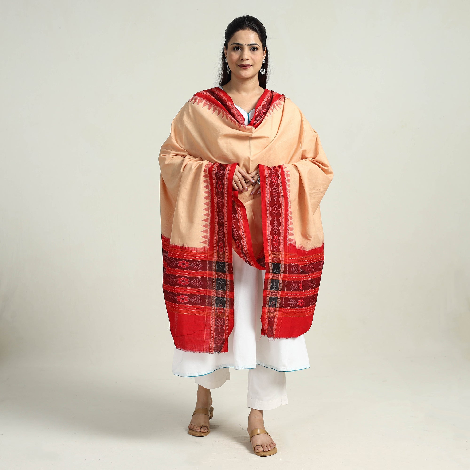 ASHOKA ASSEMBLE - CELEBRATING CRAFTS OF ODISHA Beige - Sambalpuri Ikat Weave Handloom Plain Cotton Dupatta 22
