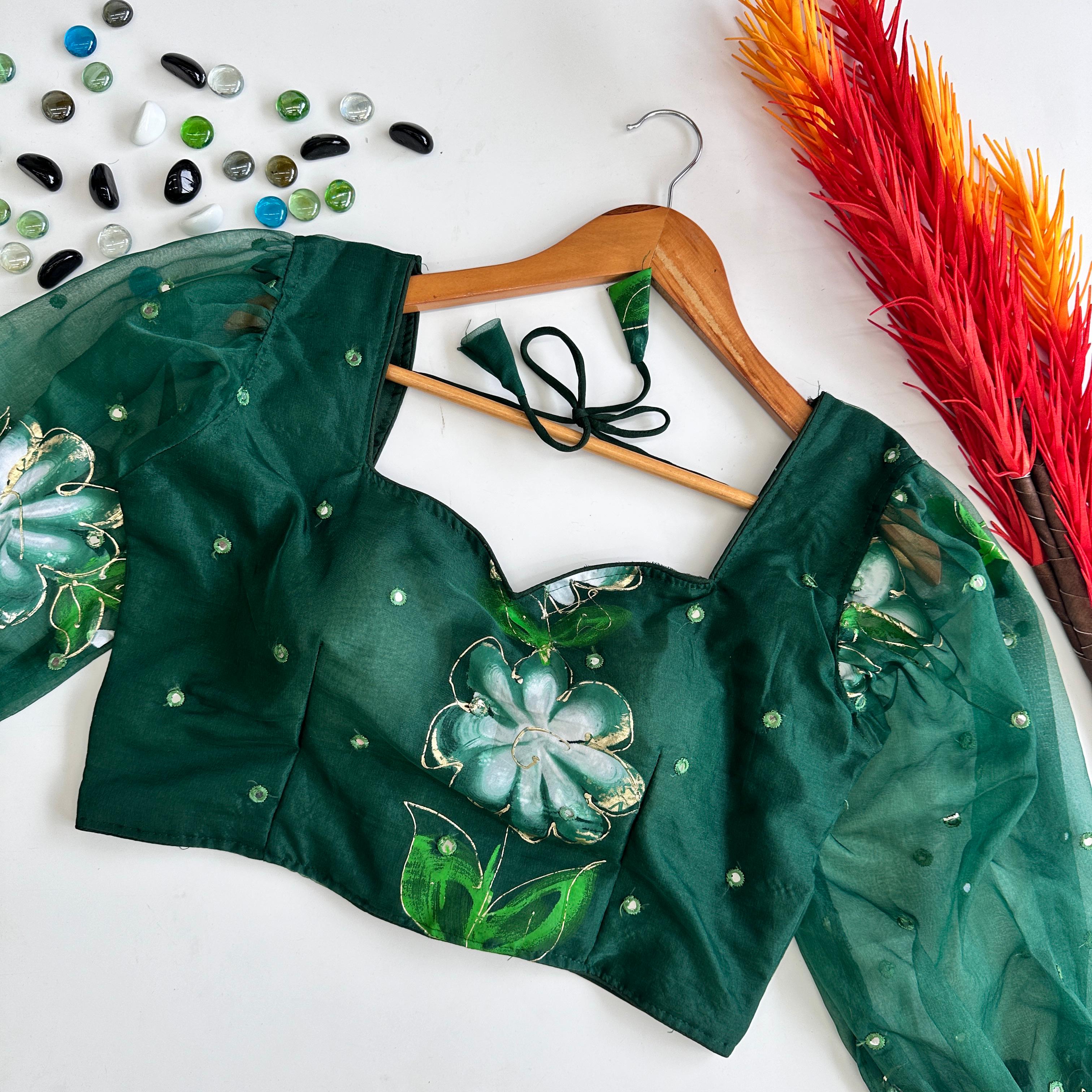 ClothsVilla Green Hand-Painted Organza Silk Blouse with Embroidery Accents - view 2