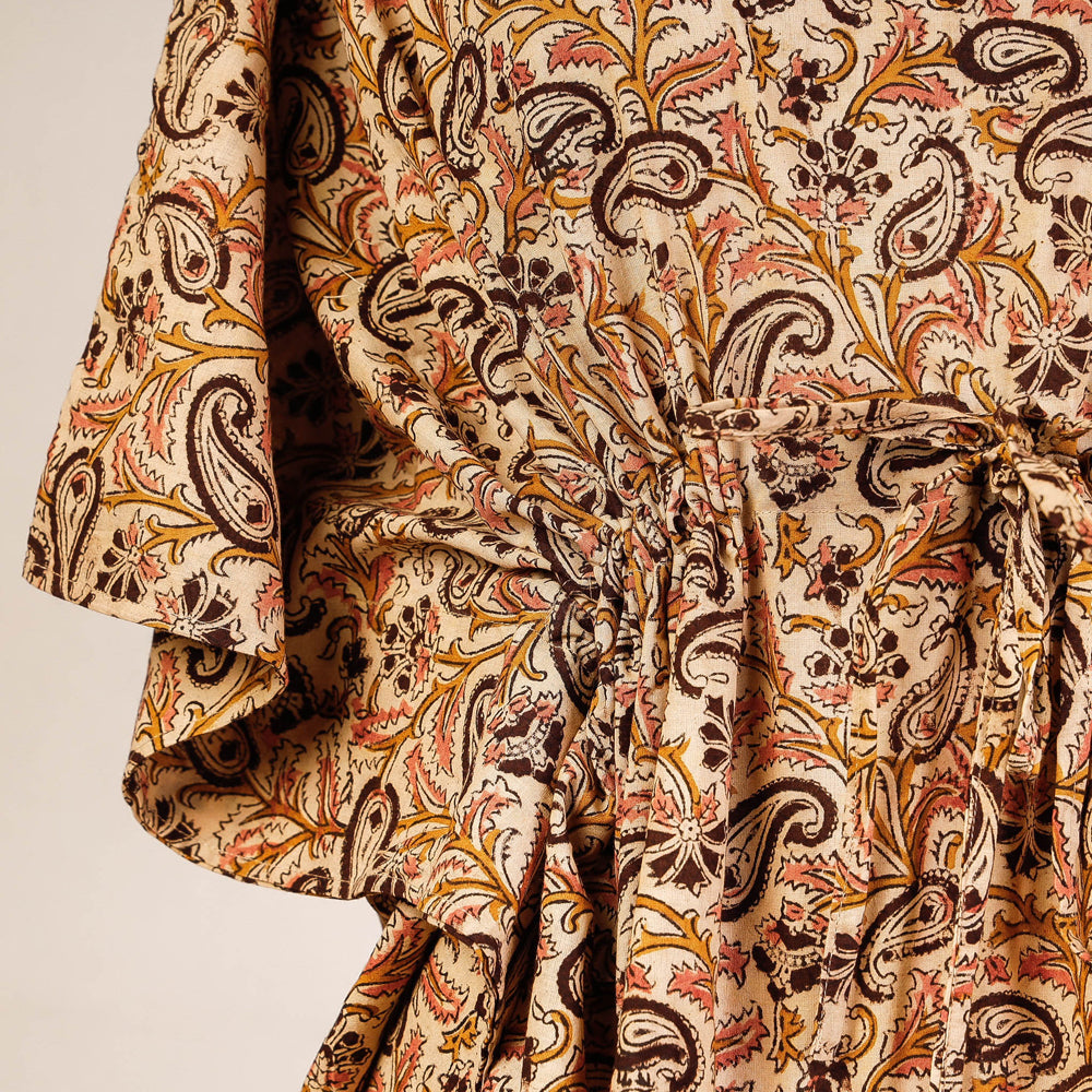 CHUTNEY CRAFT STUDIO Beige - Block Print Cotton Kalamkari Kaftan with Tie-Up Waist (Short) - view 2