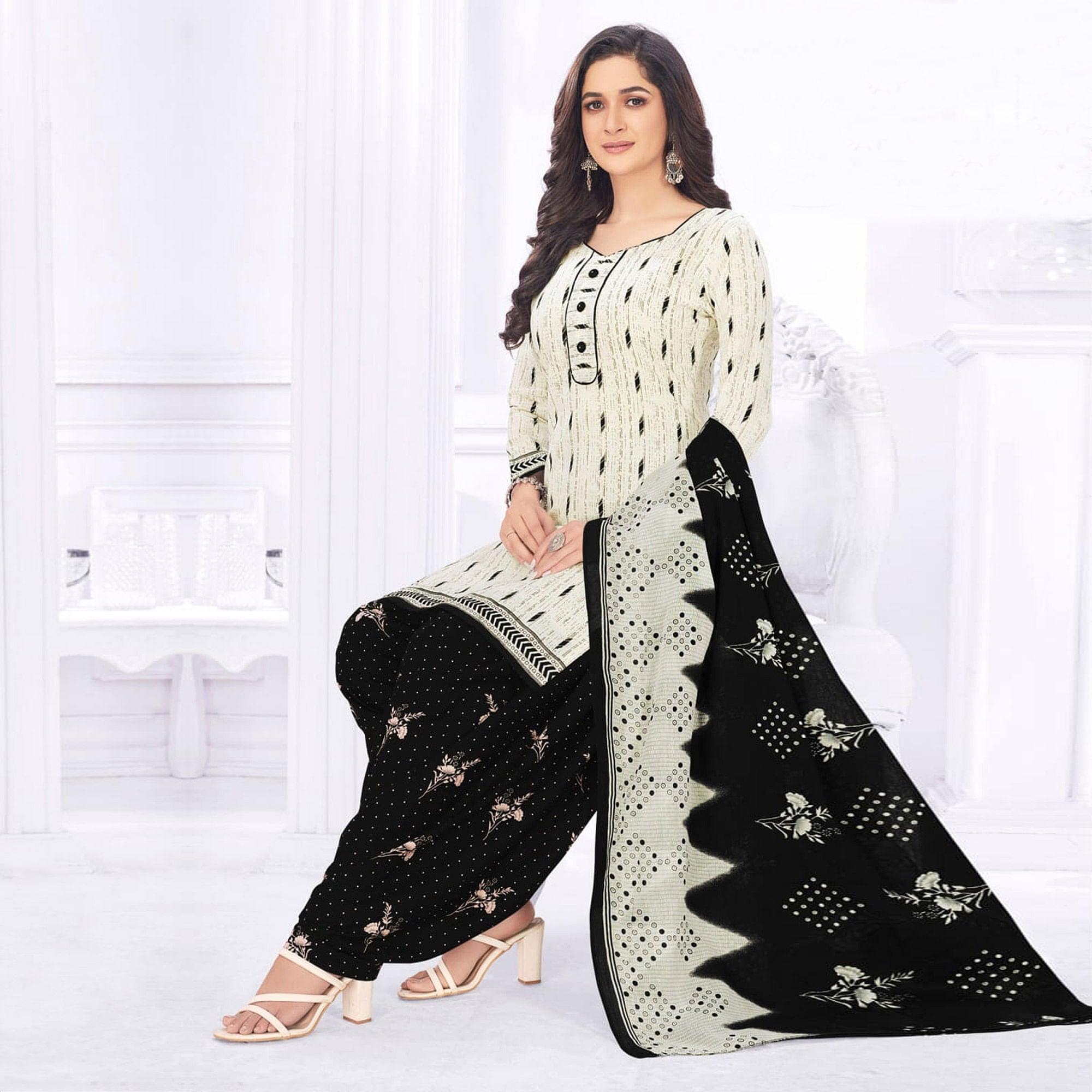 Peachmode Cream Casual Wear Printed Cotton Dress Material