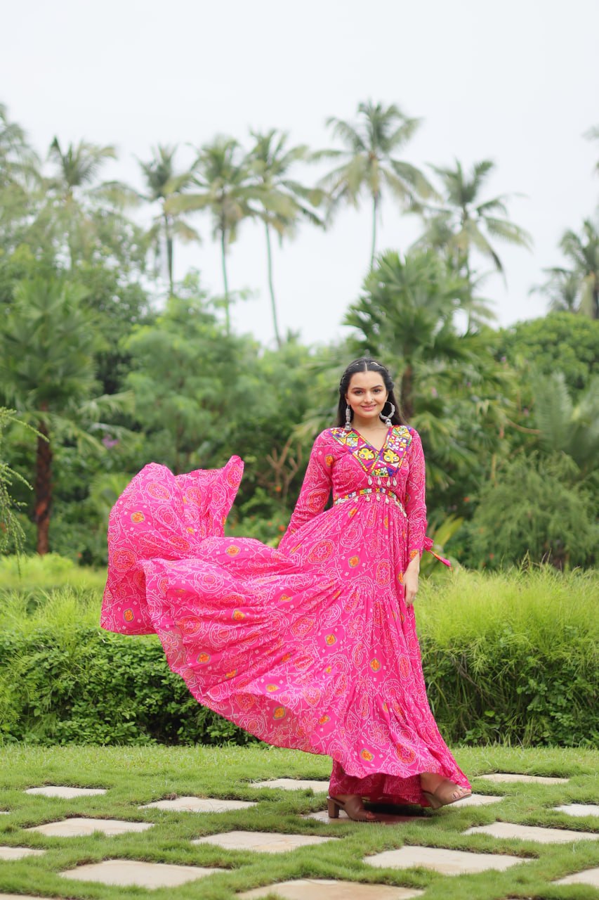 ClothsVilla Magenta Elegant Bandhani Print Gown with Kutchi Patchwork in Faux Georgette - view 3