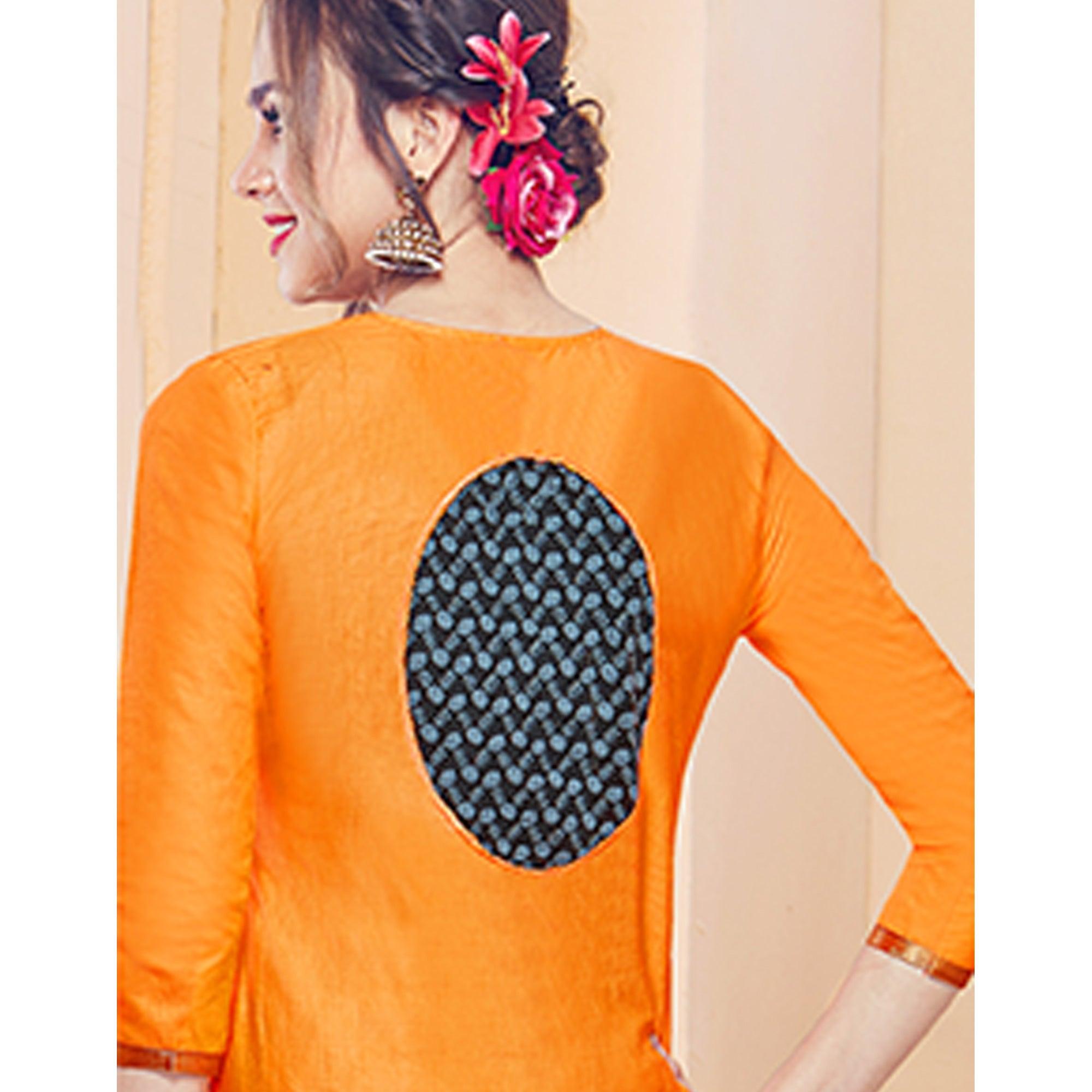 Peachmode Classy Orange Colored Partywear Embroidered Cotton Dress Material - view 5