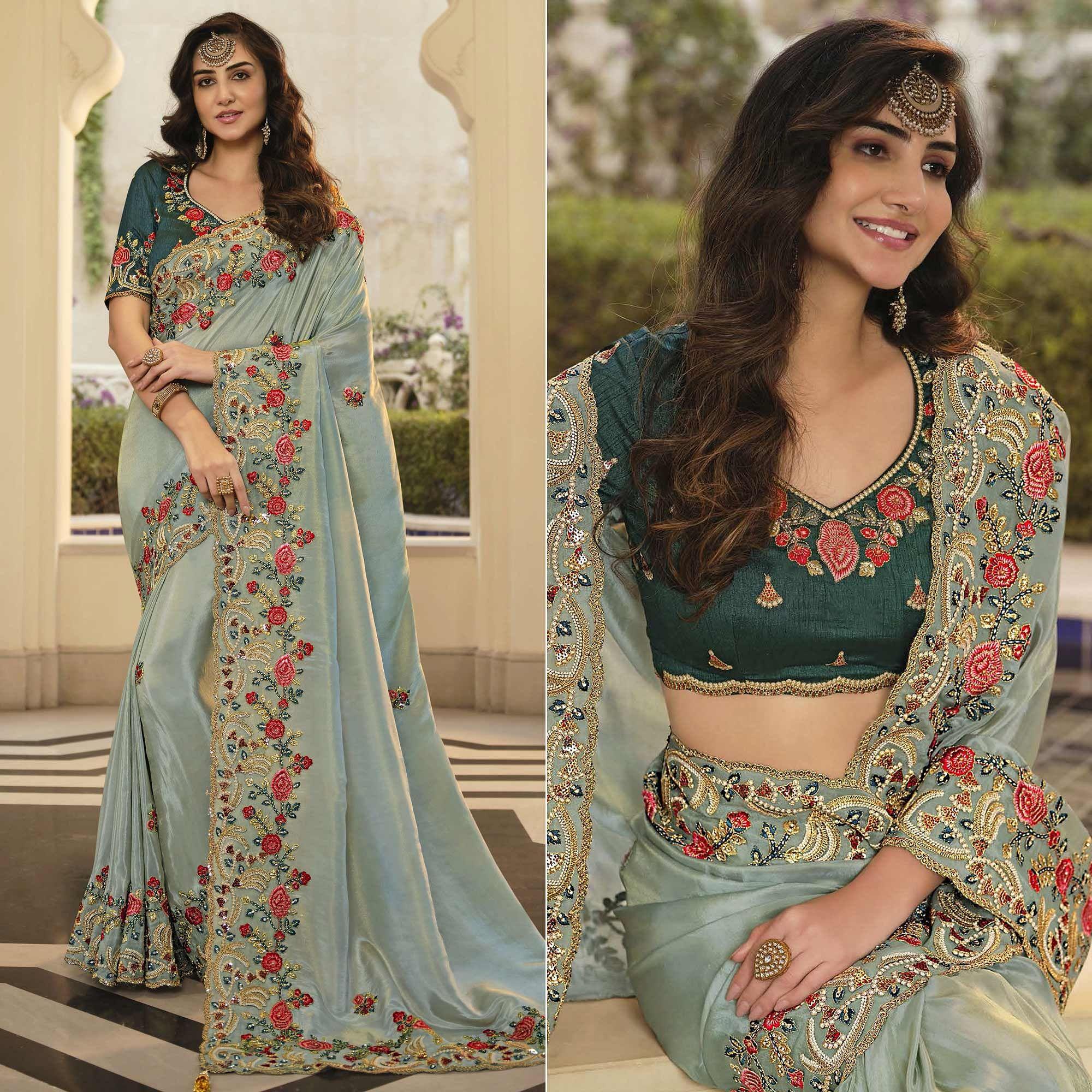 Grey sarees – BlackTree grey-party-wear-embroidered-satin-saree-140054