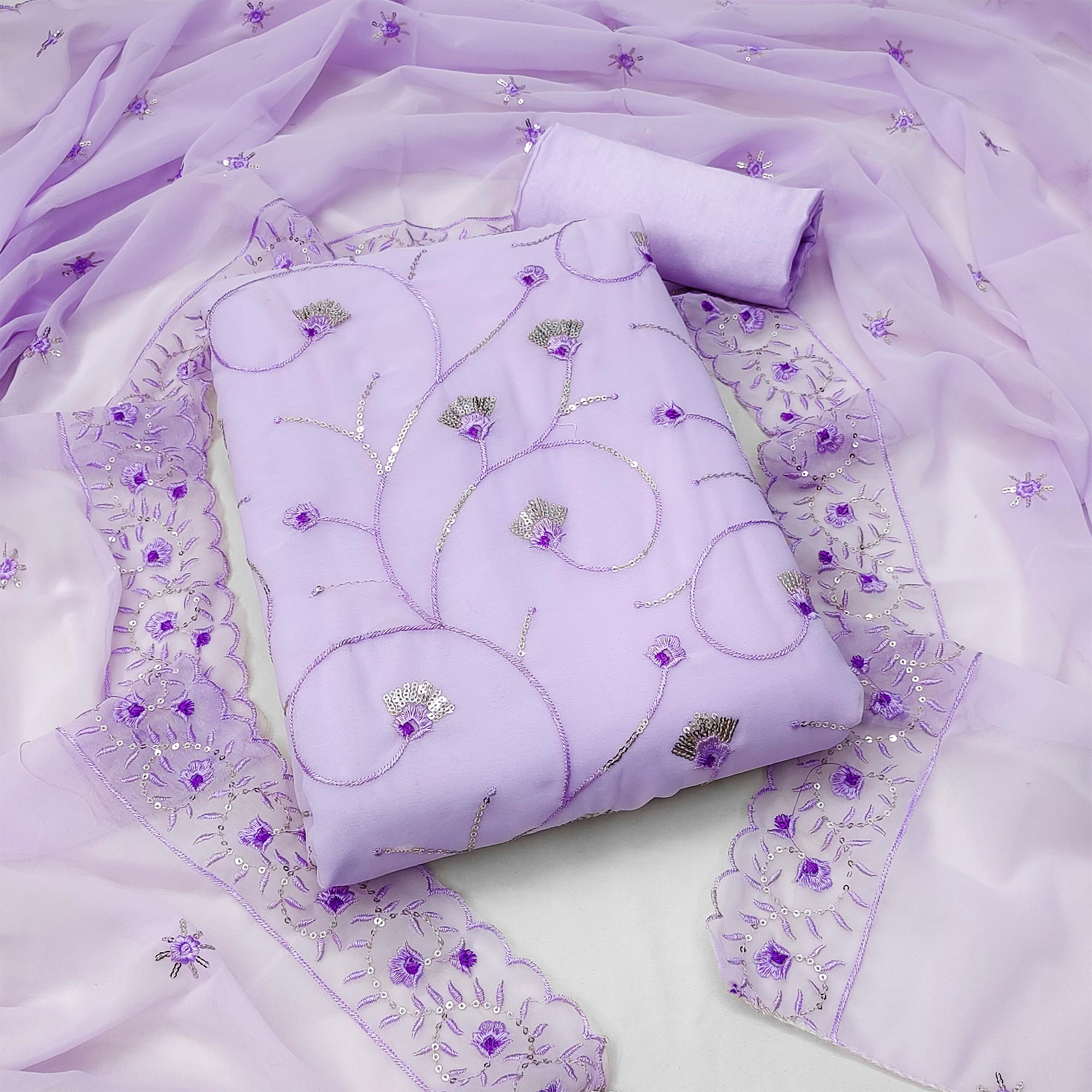 Peachmode Lavender Floral Sequins Embroidered Georgette Dress Material
