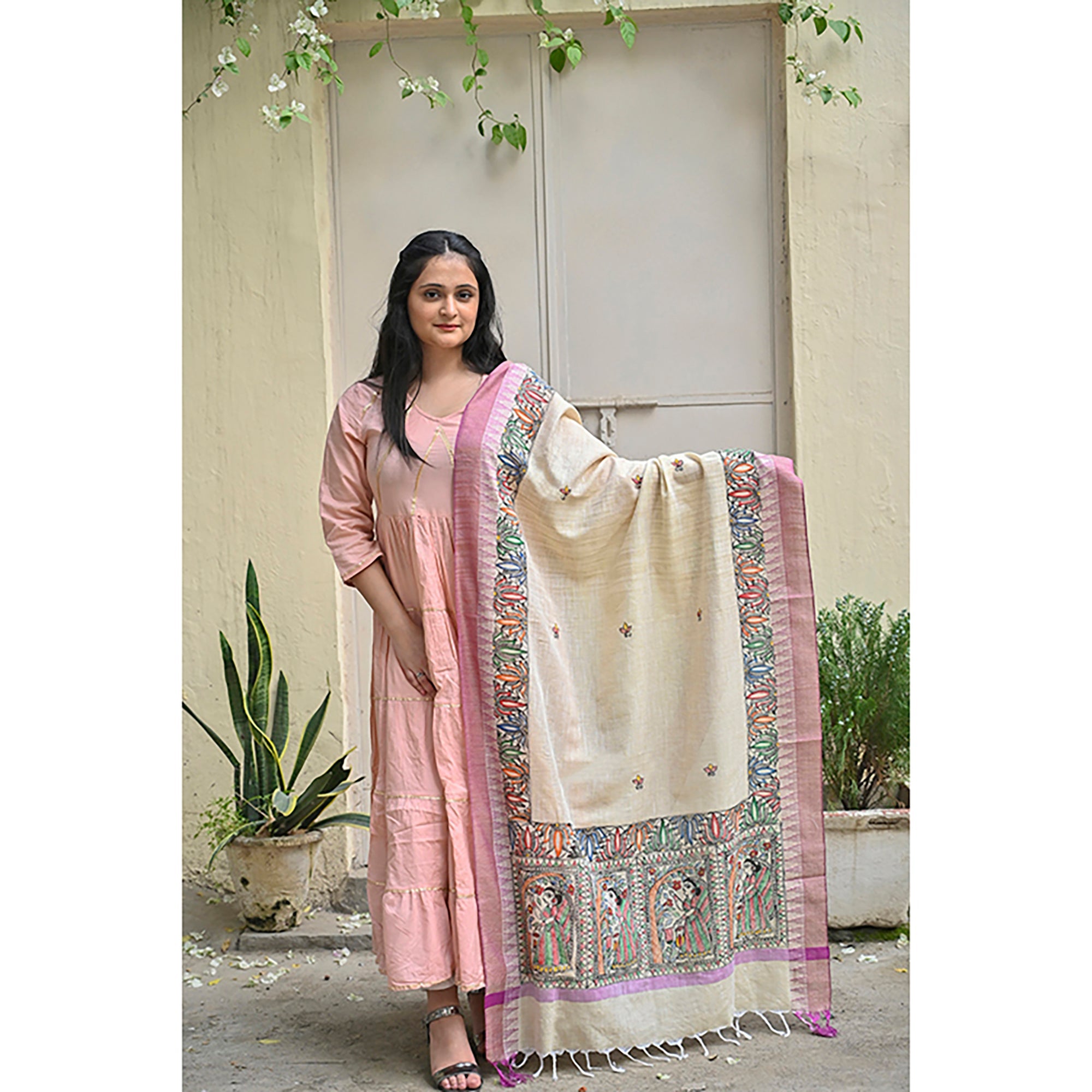 DIORAMA DESIGNS Beige - Madhubani Hand-Painted Cotton Dupatta