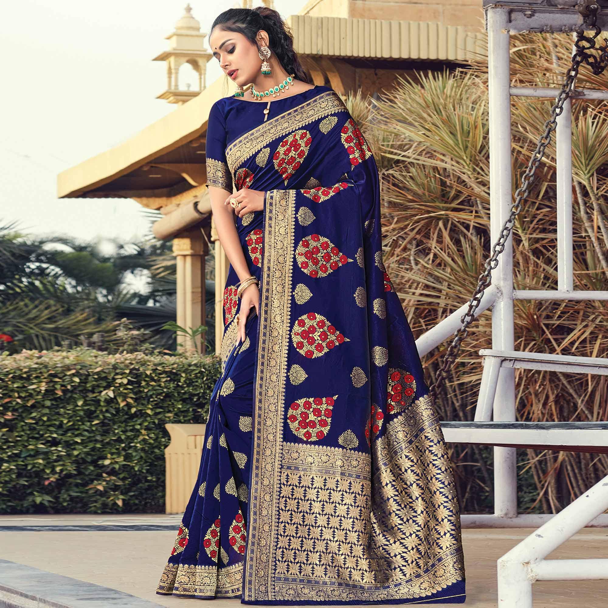 Peachmode Energetic Navy Blue Colored Festive Wear Woven Silk Saree