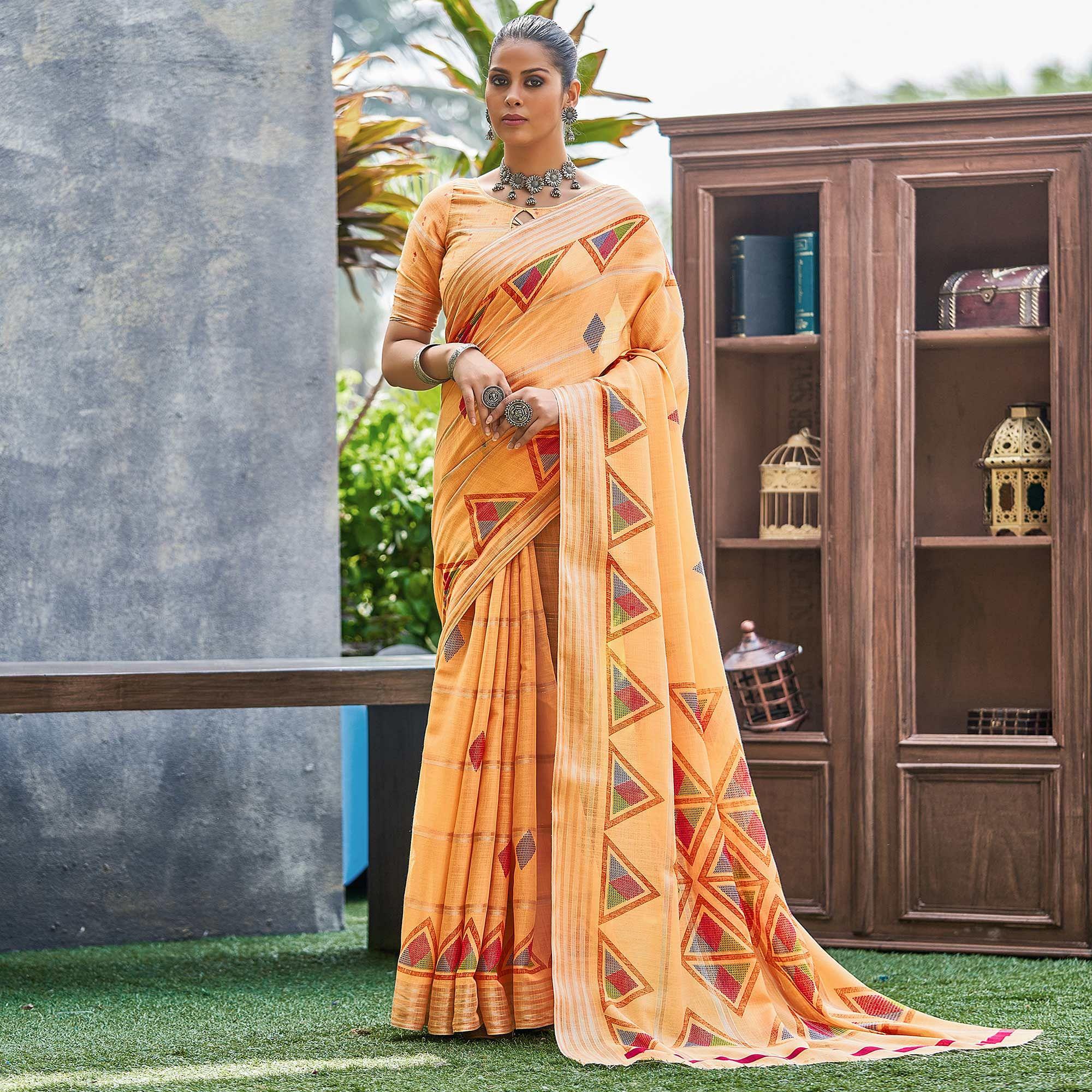 Peachmode Light Orange Geometric Printed Linen Saree