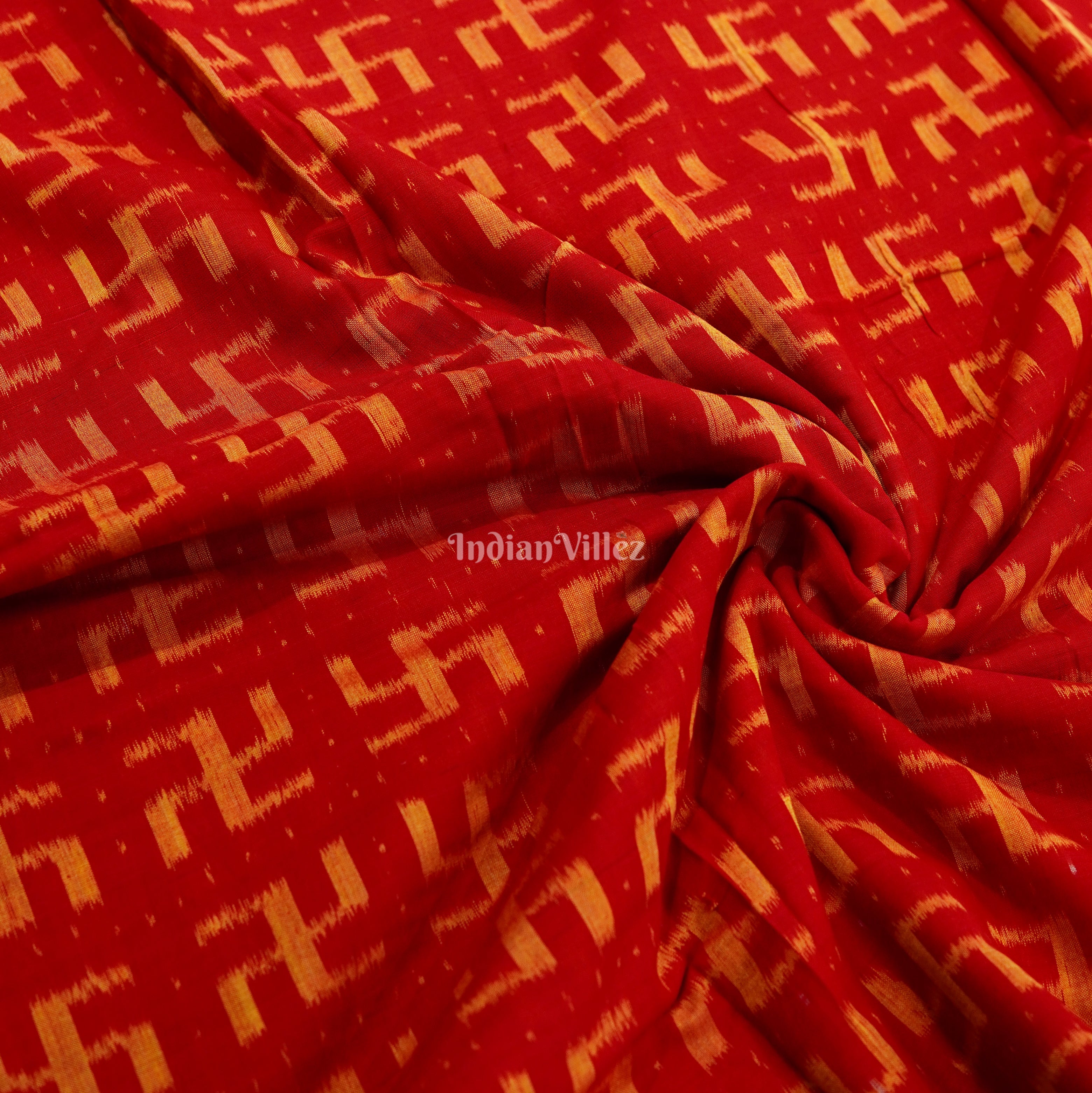 IndianVillèz Red Swastik Design Sambalpuri Ikat Cotton Fabric
