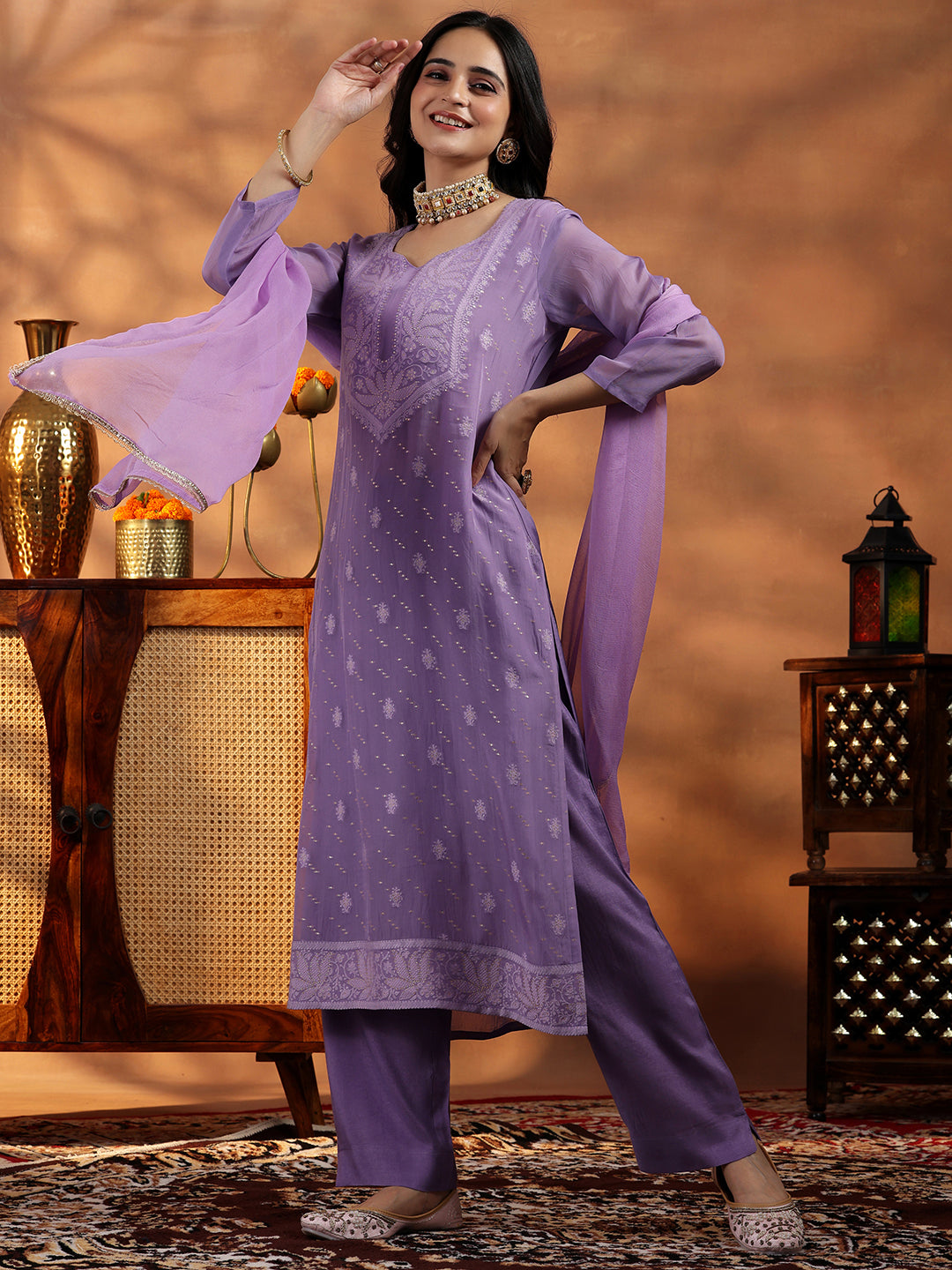 Libas Lavender Embroidered Organza Straight Suit With Dupatta