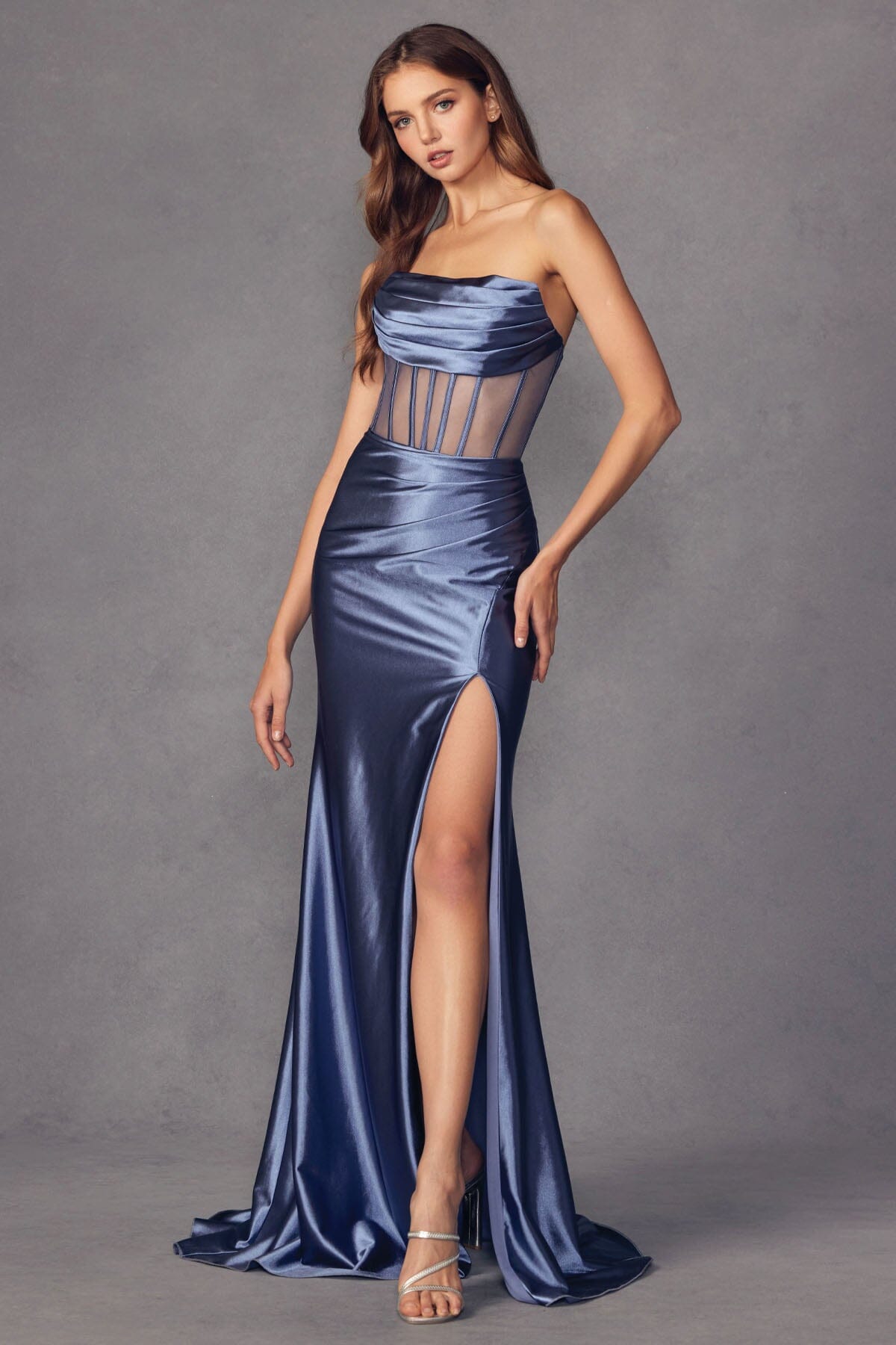 Juliet + Outlet Fitted Strapless Sheer Corset Slit Gown by Juliet 2416 - Outlet - view 4