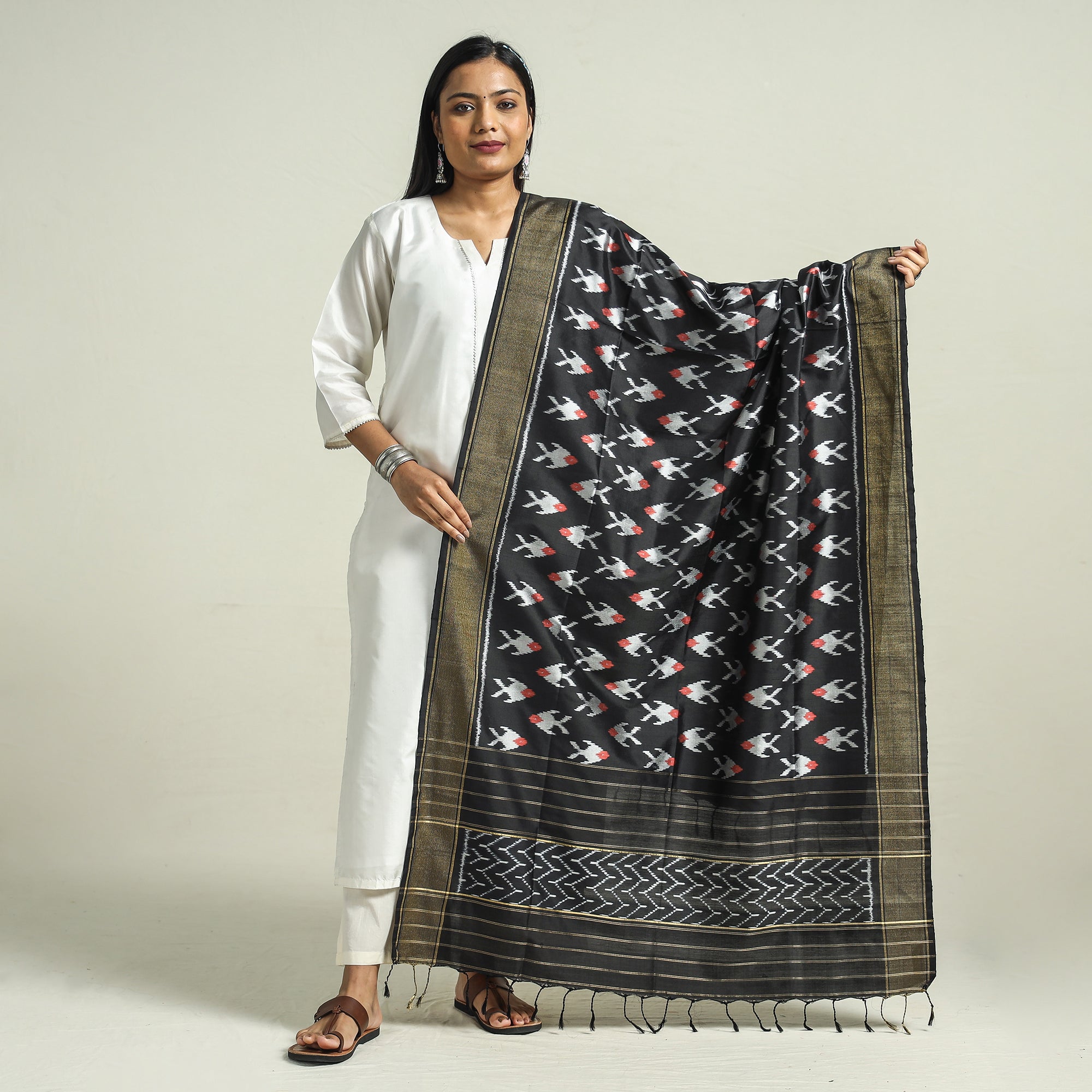 IKAT WEAVES BY EDEM CHANDANA Black - Handwoven Pochampally Ikat Pure Mulberry Silk Dupatta with Tassels