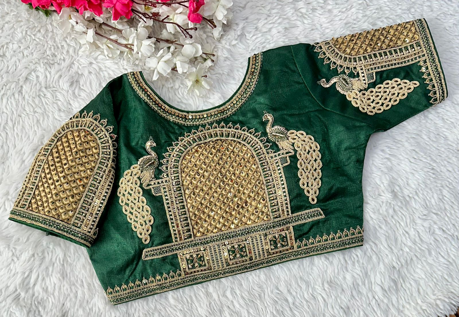 ClothsVilla Green Watermelon Silk Blouse with Beautiful Cording and Hand-Touched Sequins
