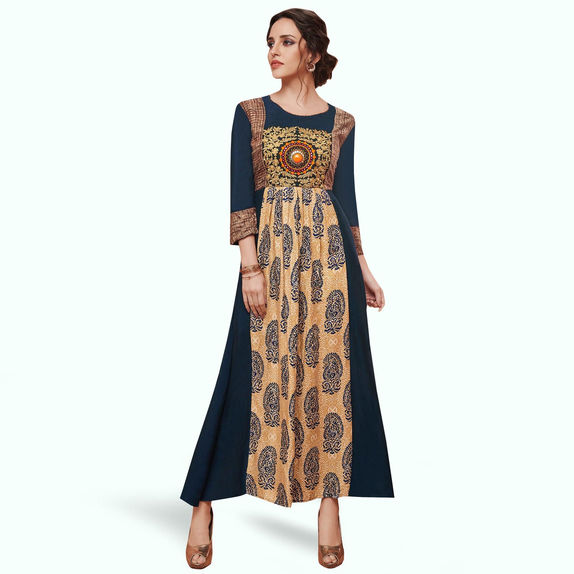 Peachmode Seller Eye-catching Blue-Beige Colored Partywear Embroidered Rayon Kurti