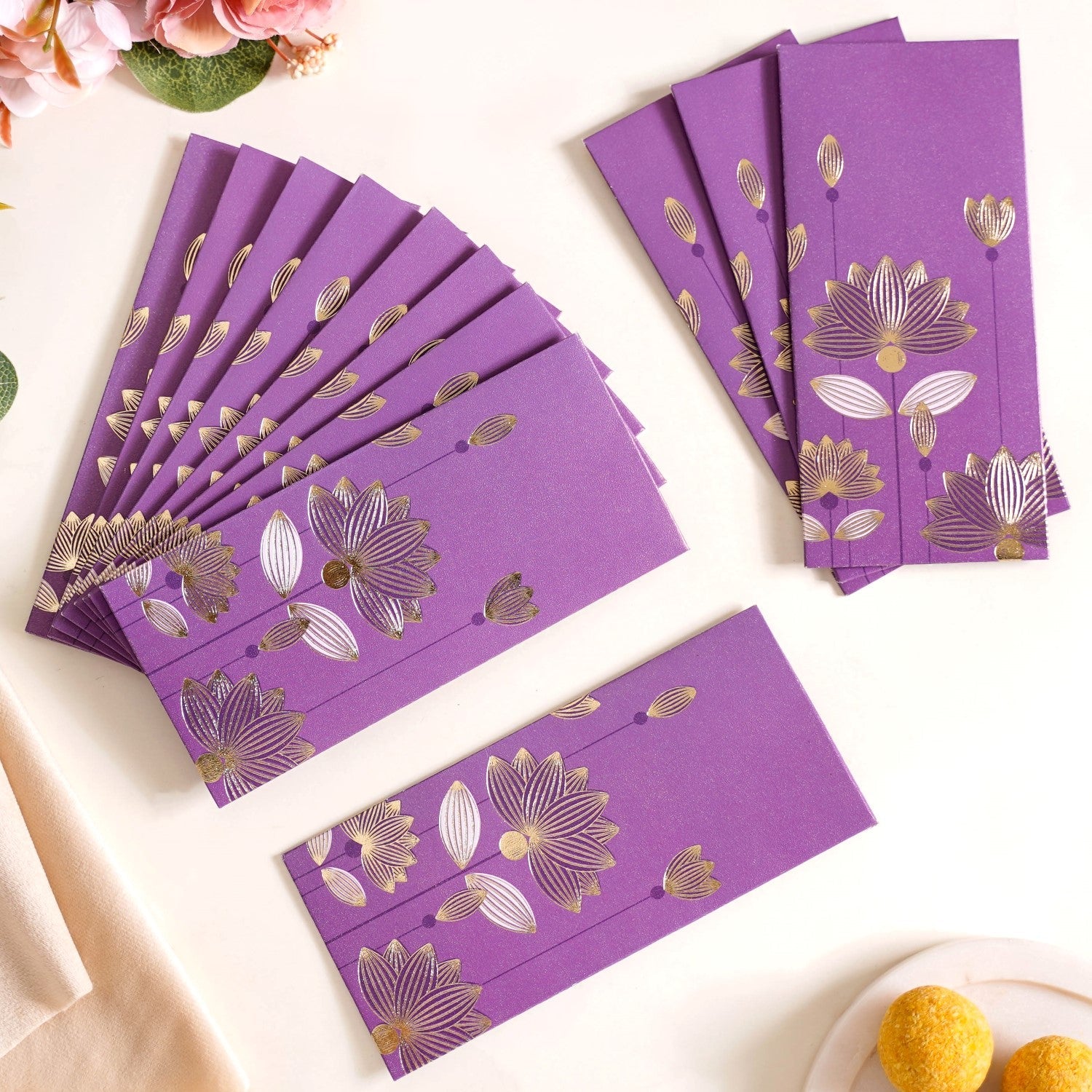 Nestasia Gold Lotus Shagun Envelope Set Of 12 Purple