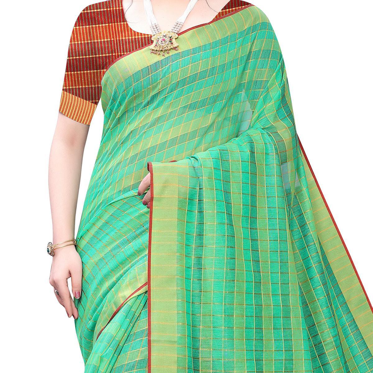 Peachmode Elegant Green Colored Festive Wear Woven Blended Cotton Saree
