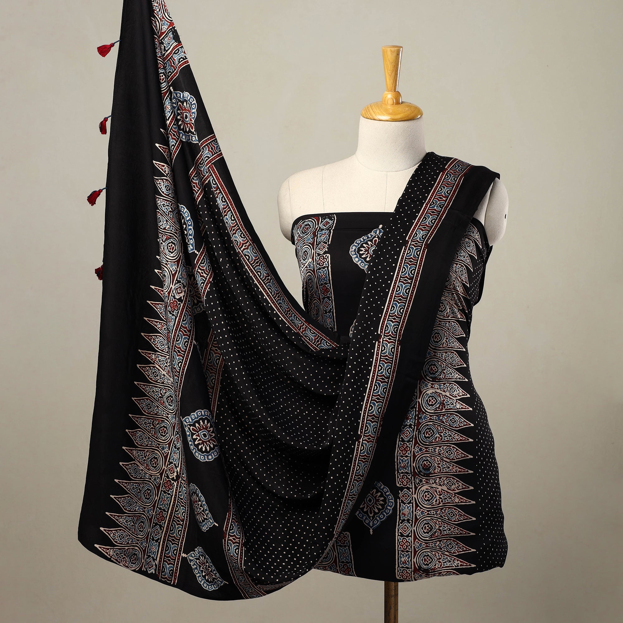 RIYAZ ABDULMAJID KHATRI - AJRAKH Black - 2pc Modal Silk Block Print Ajrakh Dress Material 05