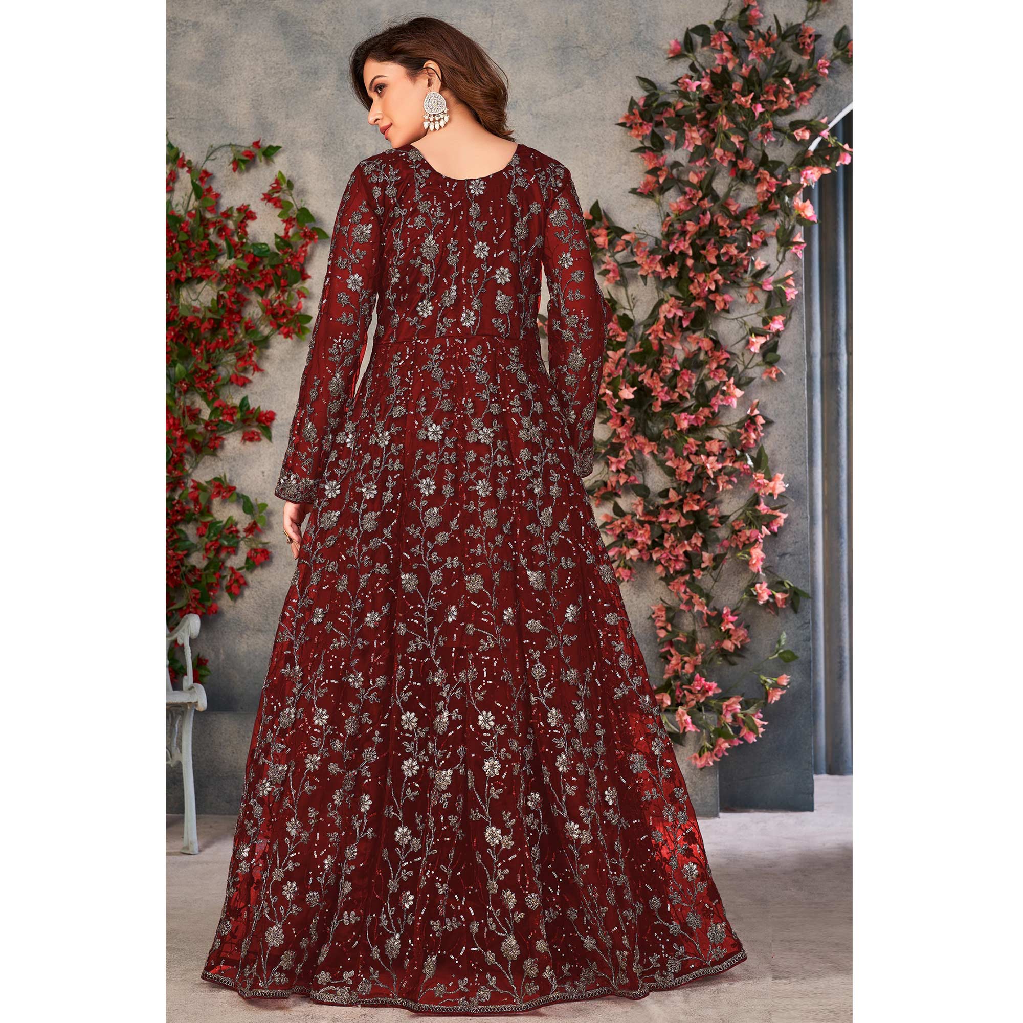 Peachmode Maroon Zardosi Work Netted Gown - view 3