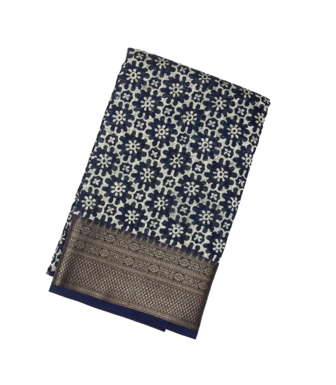 RmKV Navy Blue Woven Chanderi Printed Cotton Saree With Floral Jaal