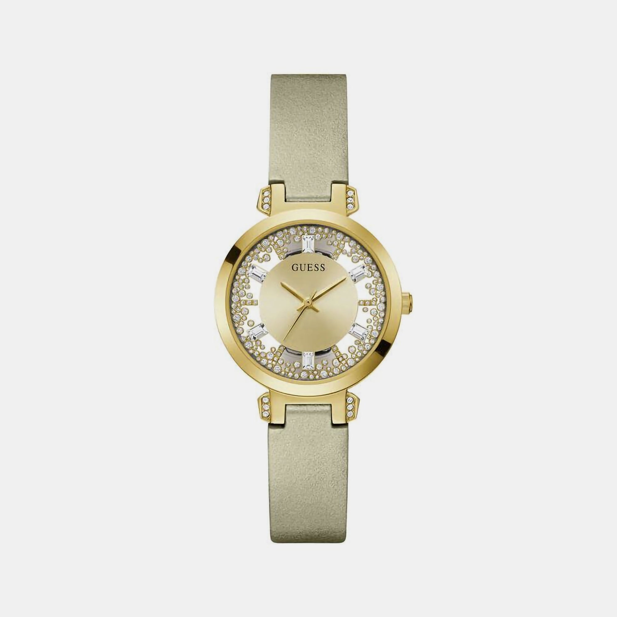 Guess Crystal Clear Women Quartz Champagne Dial Analog Leather Watch GW0535L4
