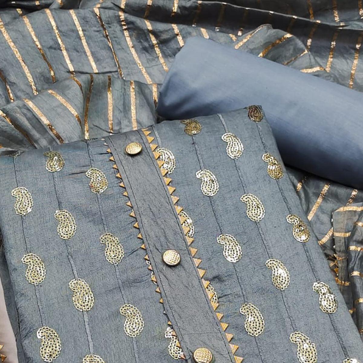 Peachmode Grey Sequins Embroidered Pure Cotton Dress Material - view 2