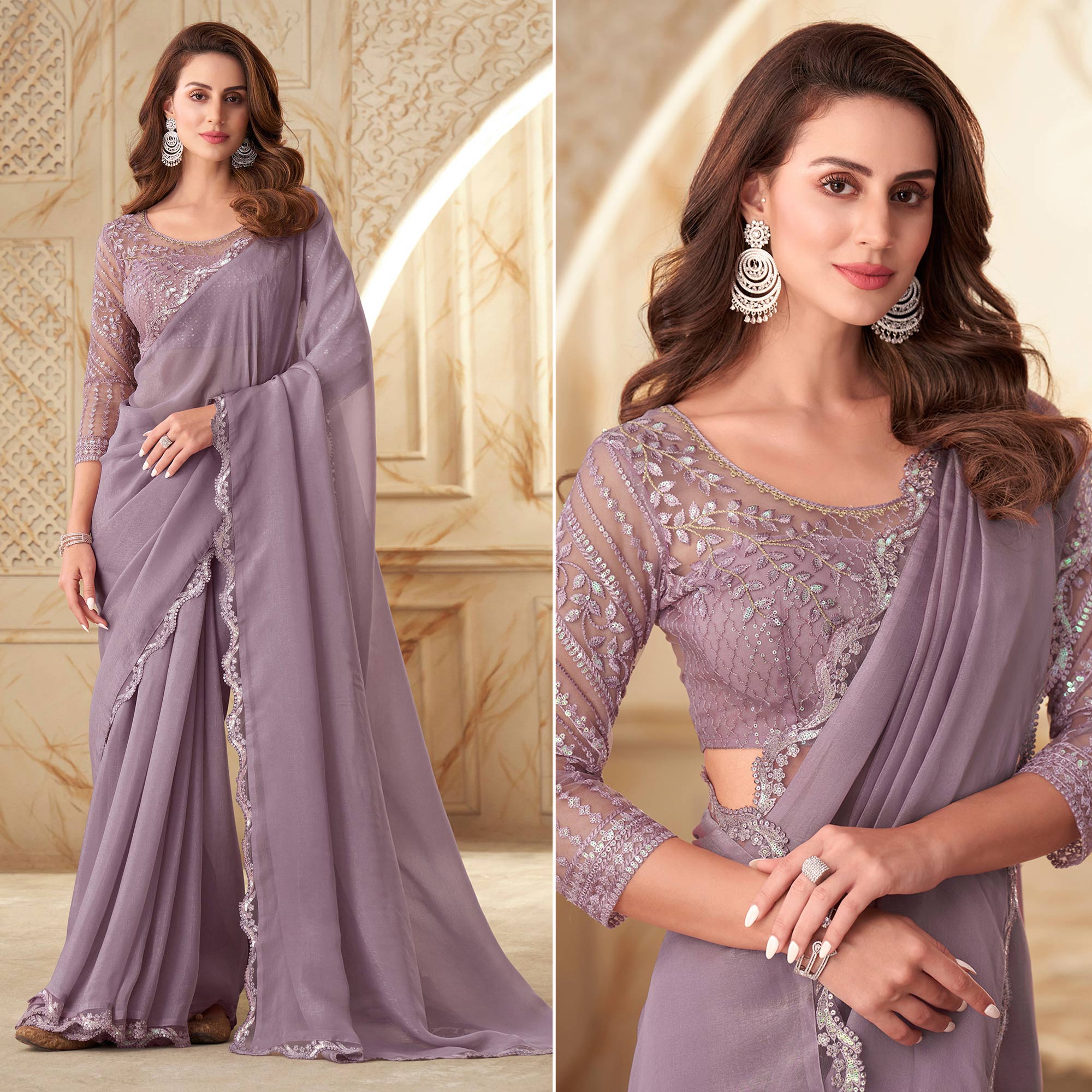 Peachmode Lavender Sequins Embroidered Georgette Saree