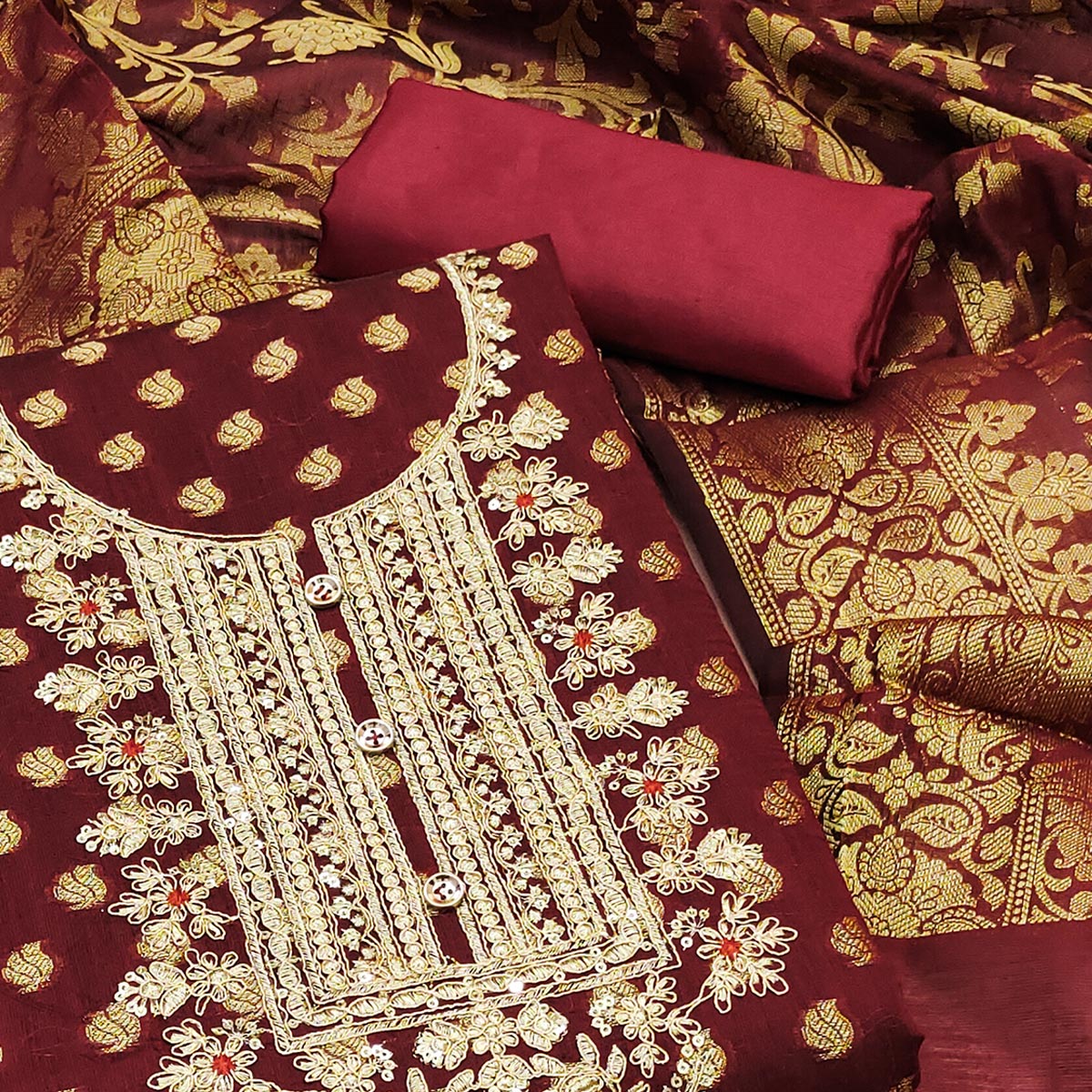 Peachmode Maroon Woven With Embroidered Banarasi Silk Dress Material - view 2
