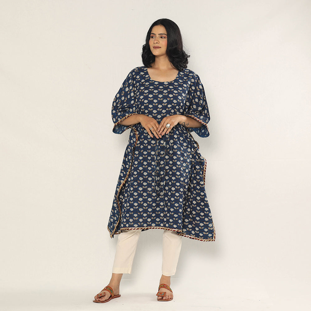 ITOKRI CASUALS Blue - Bagru Dabu Block Printing Cotton Kaftan Dress (Medium)
