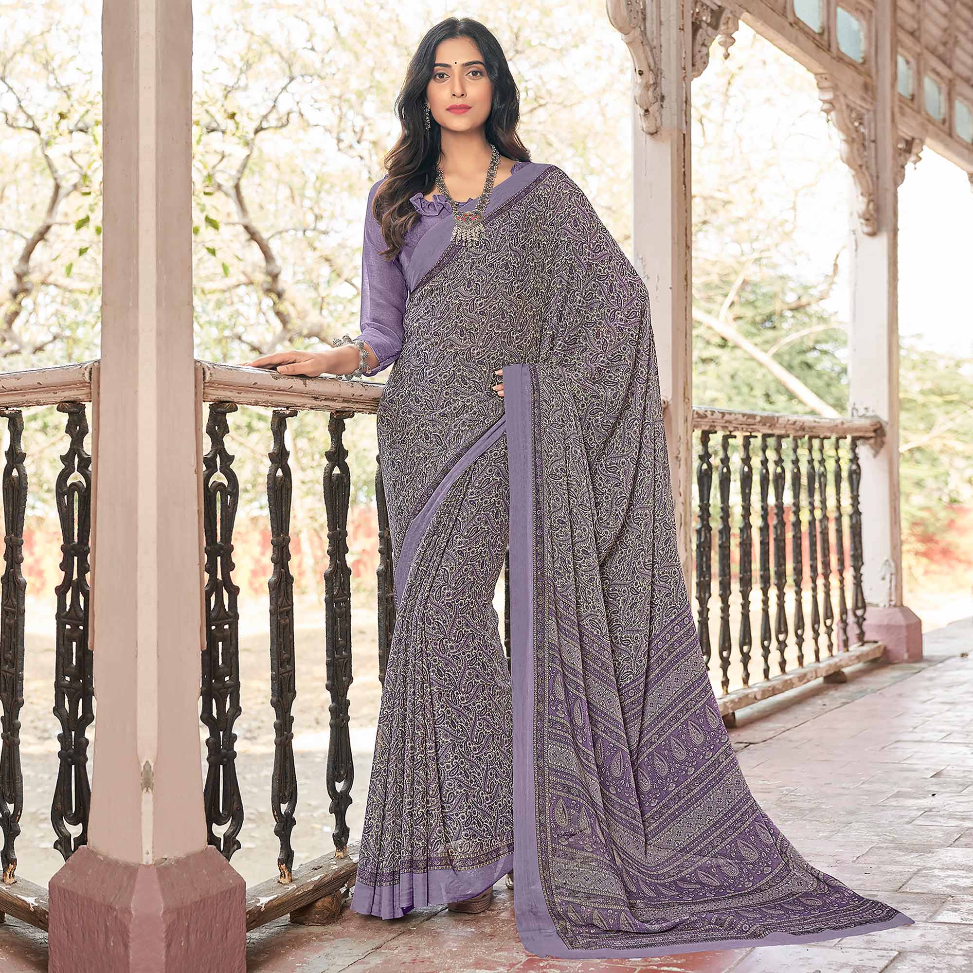 Peachmode Lavender Paisley Printed Chiffon Saree