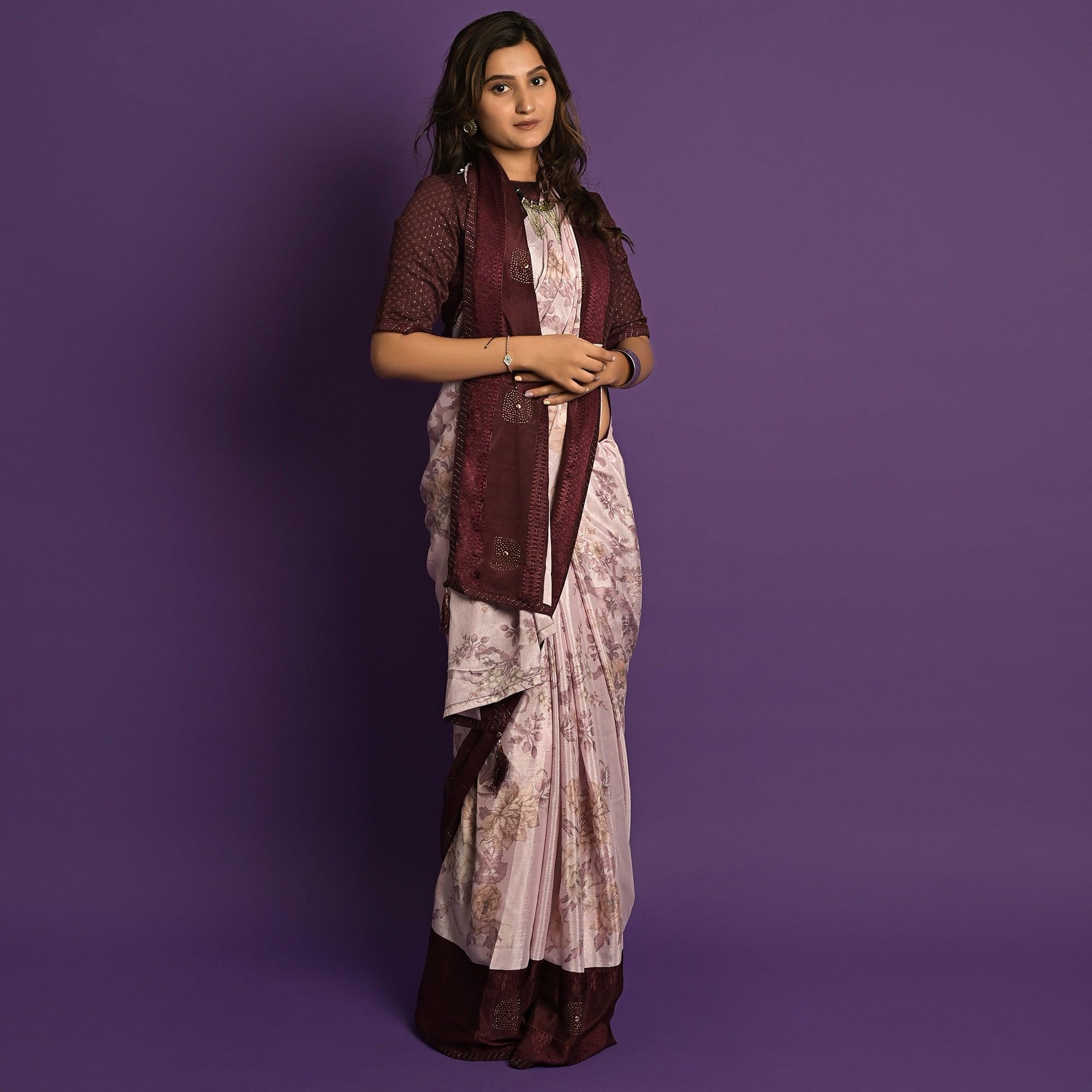 Peachmode Light Pink Printed-Embellished Chiffon Saree - view 2