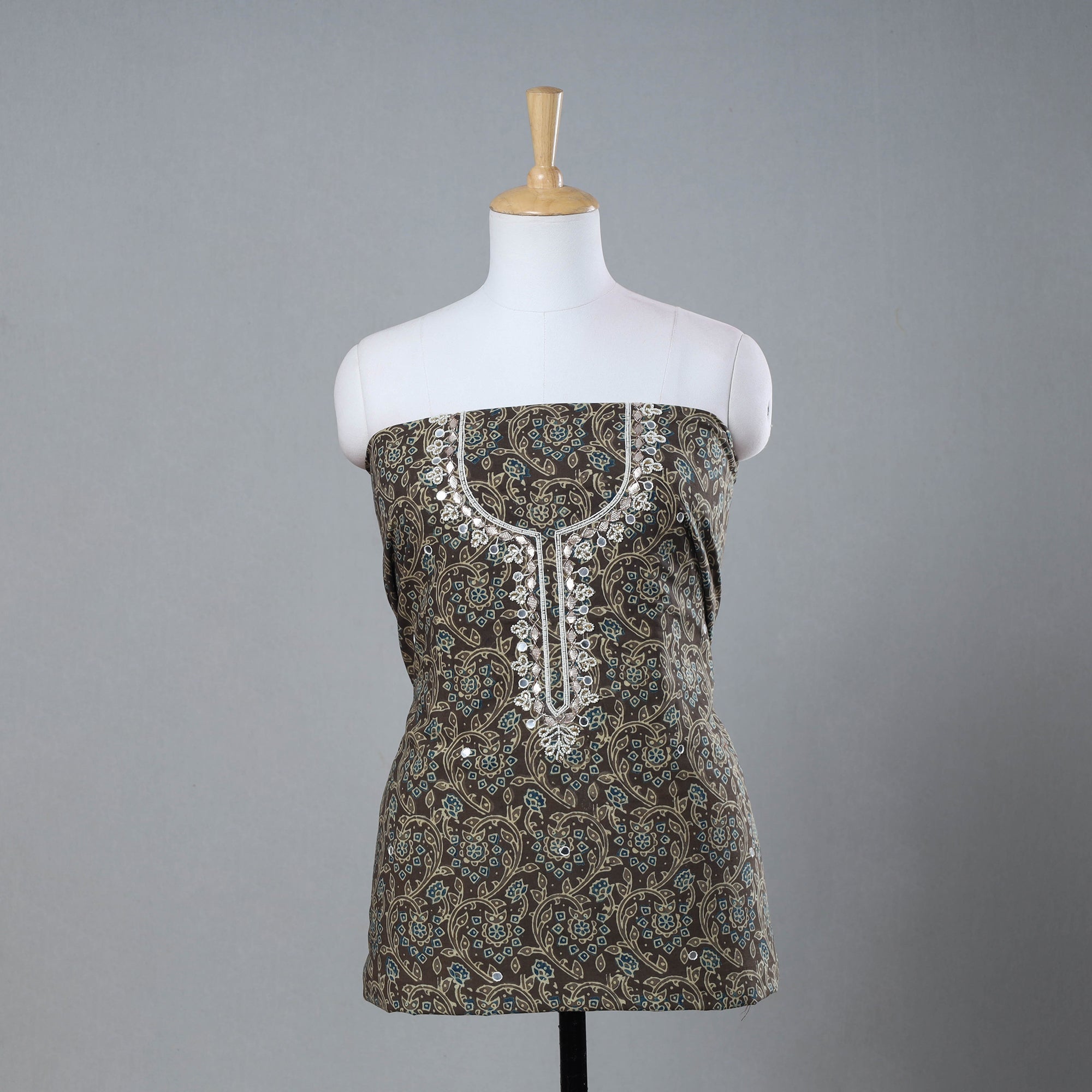NOORI BAZAR Brown - Gota Patti & Bead Work Embroidery Ajrakh Block Printed Cotton Kurta Material - 2.5 meter