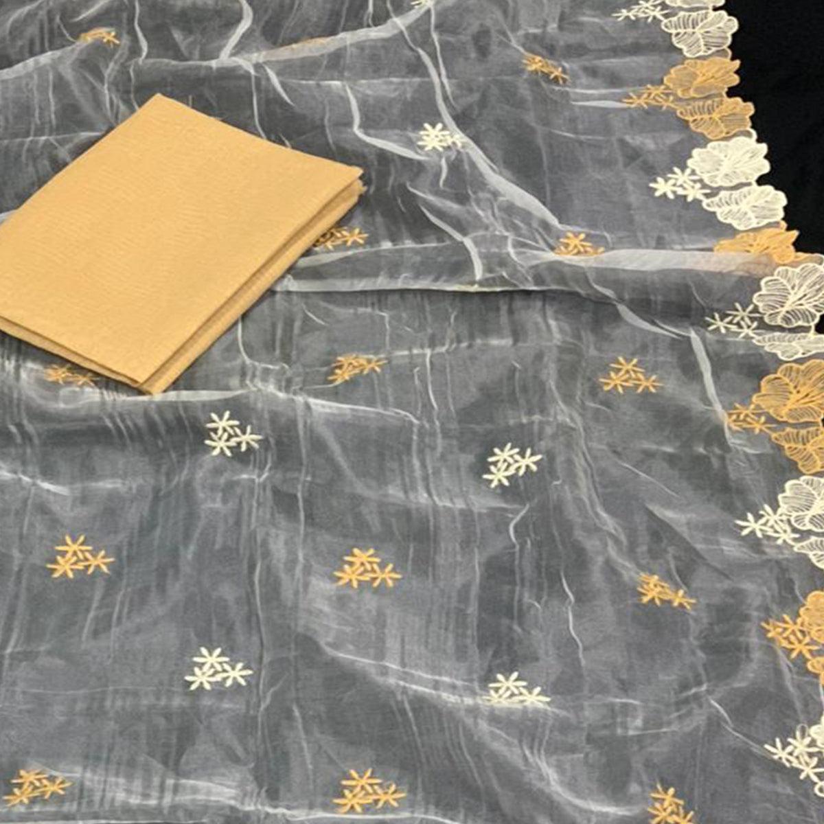 Peachmode Desirable White - Beige Colored Partywear Embroidered Pure Organza Saree - view 2