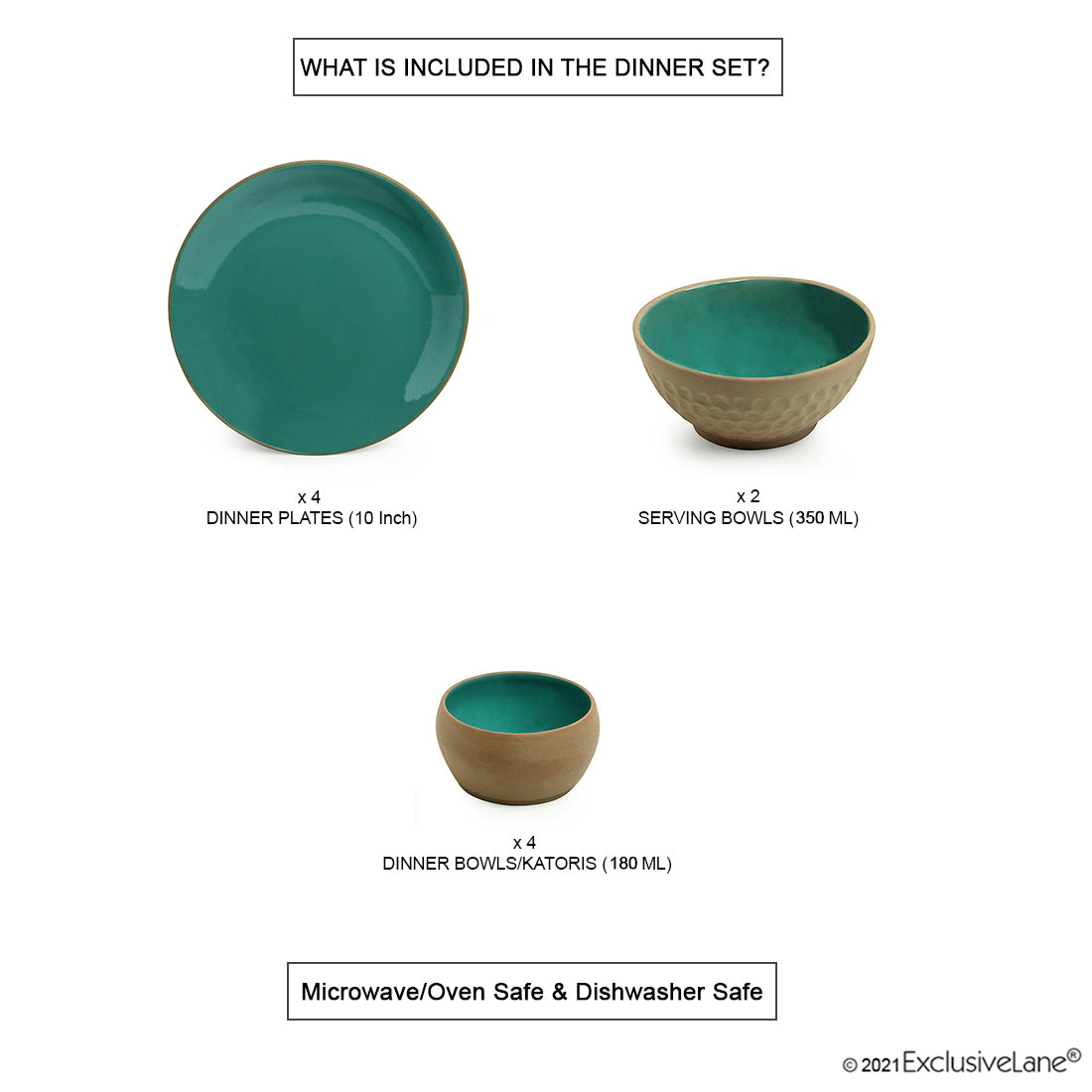 EXCLUSIVELANE 'Earthen Turquoise' Hand Glazed Dinner Plates With Serving Bowls & Katoris In Ceramic (10 Pieces, Serving for 4, Microwave Safe) - view 13