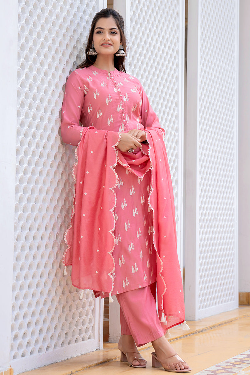 Ahika Pink Silk Blend Solid Embroidered Straight Suit Set With Trouser Bottom PKSKD2687 - view 2