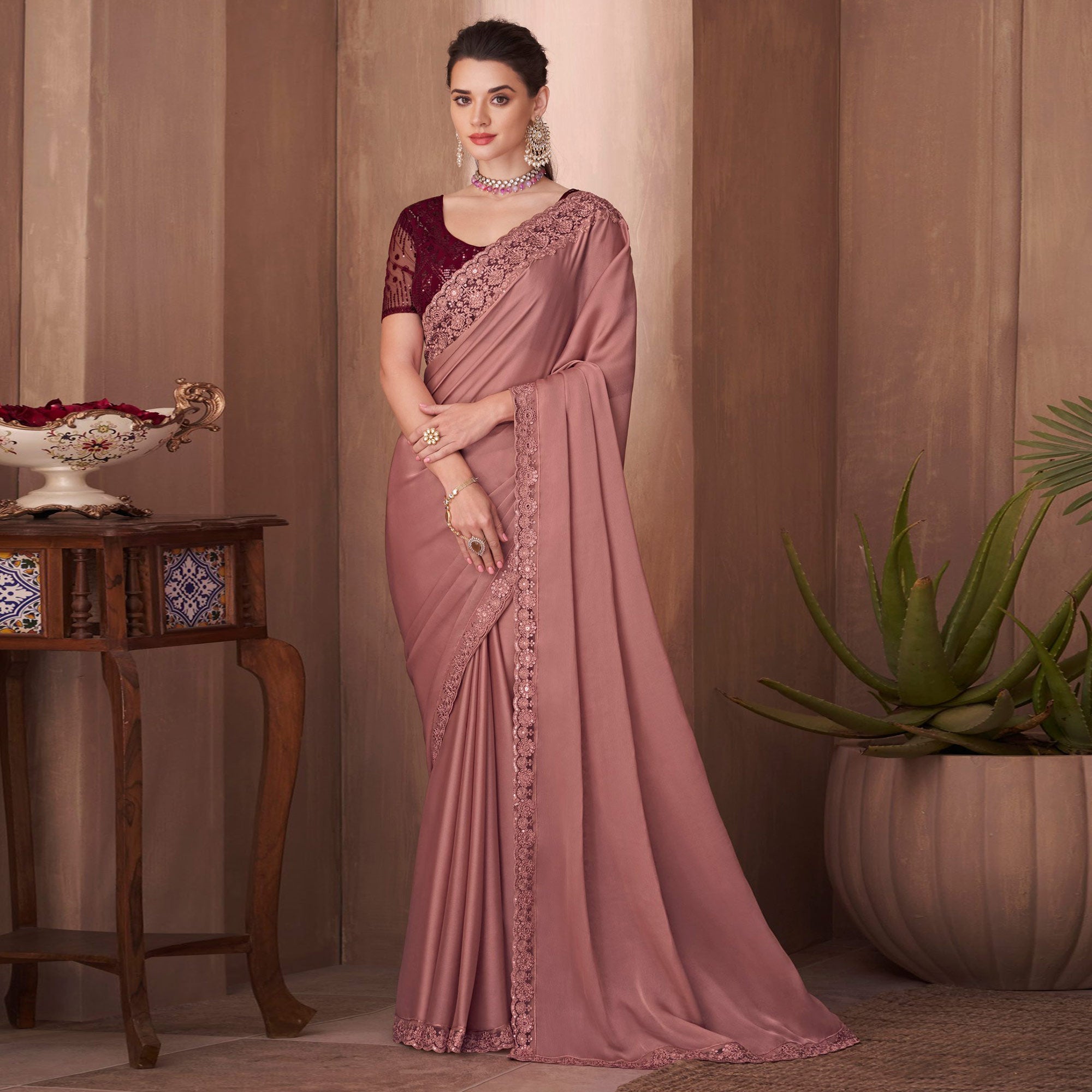 Peachmode Mauve Embroidered Satin Saree – Women's - view 2
