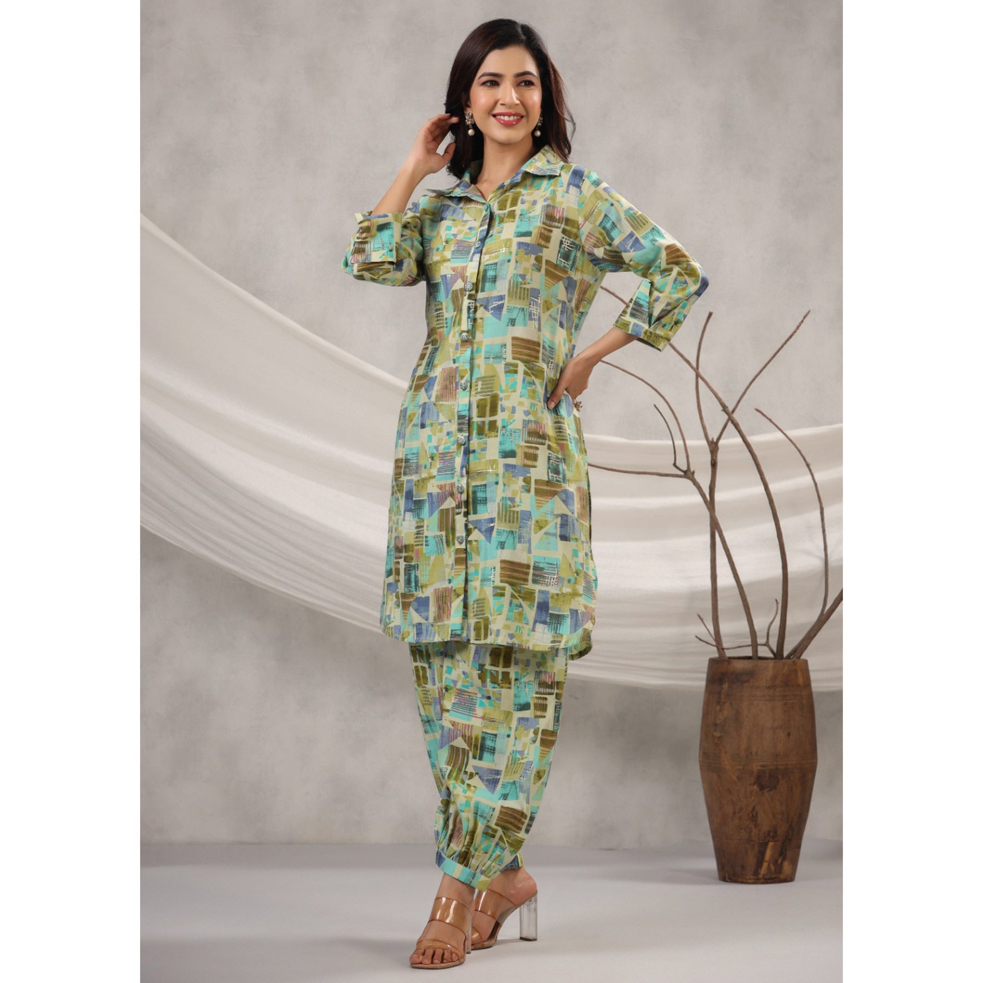 BlackTree green-geometric-printed-muslin-co-ord-set - view 4