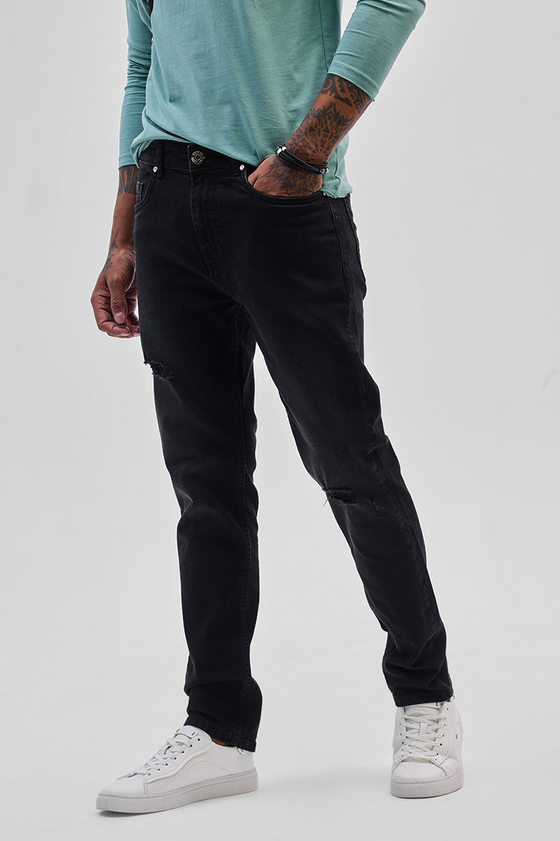SNITCH Black Distressed Slim Fit Jeans