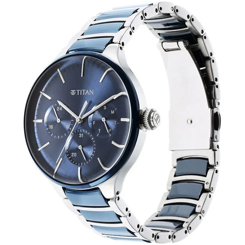 Titan Ceramic Fusion Quartz Multifunction Blue Dial Silver Dual-Toned Stainless Steel Bracelet Watch for Men 42mm NS90148KD02 - view 2
