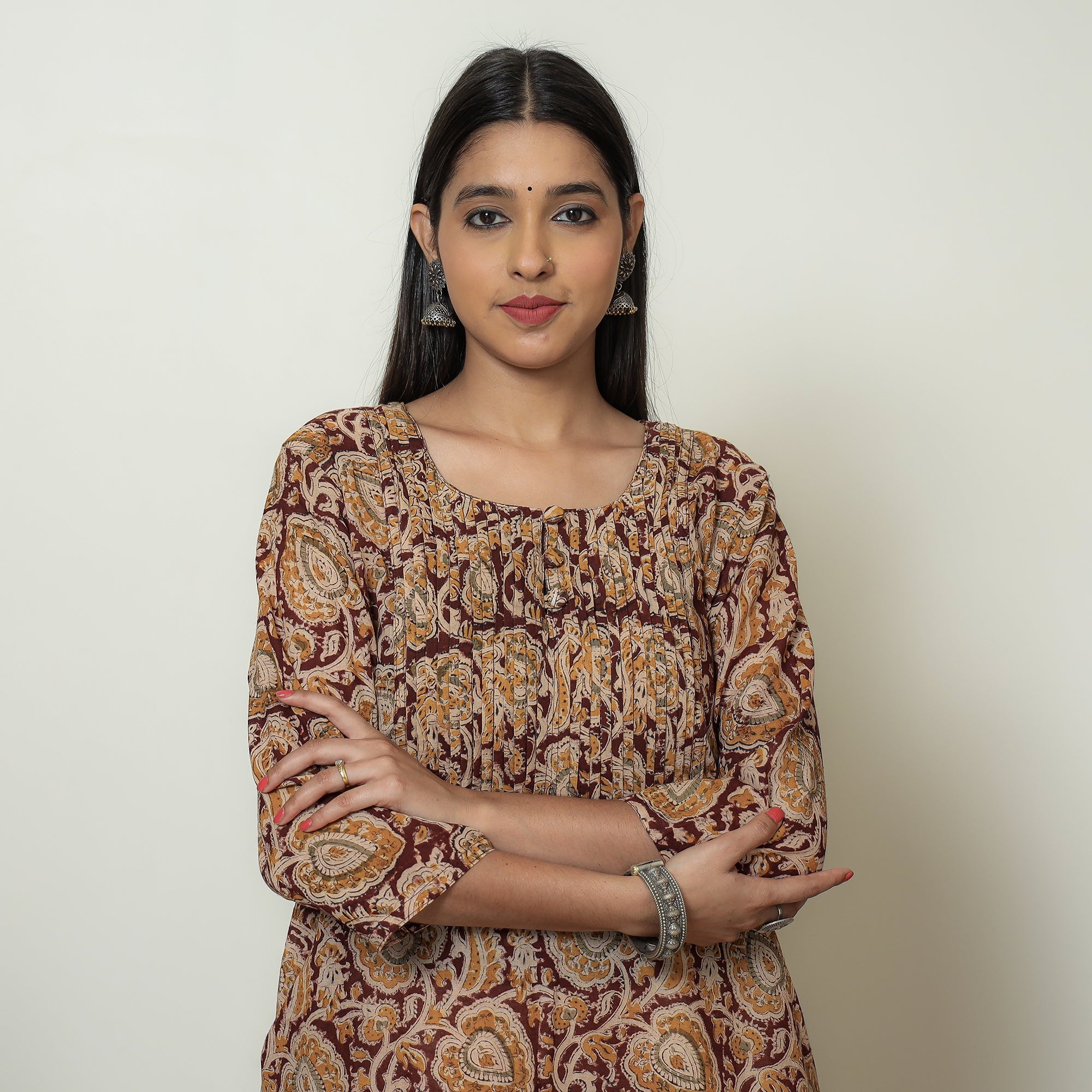 ITOKRI CASUALS Brown - Kalamkari Hand Block Printed Mul Cotton Pintuck A-Line Kurta 03