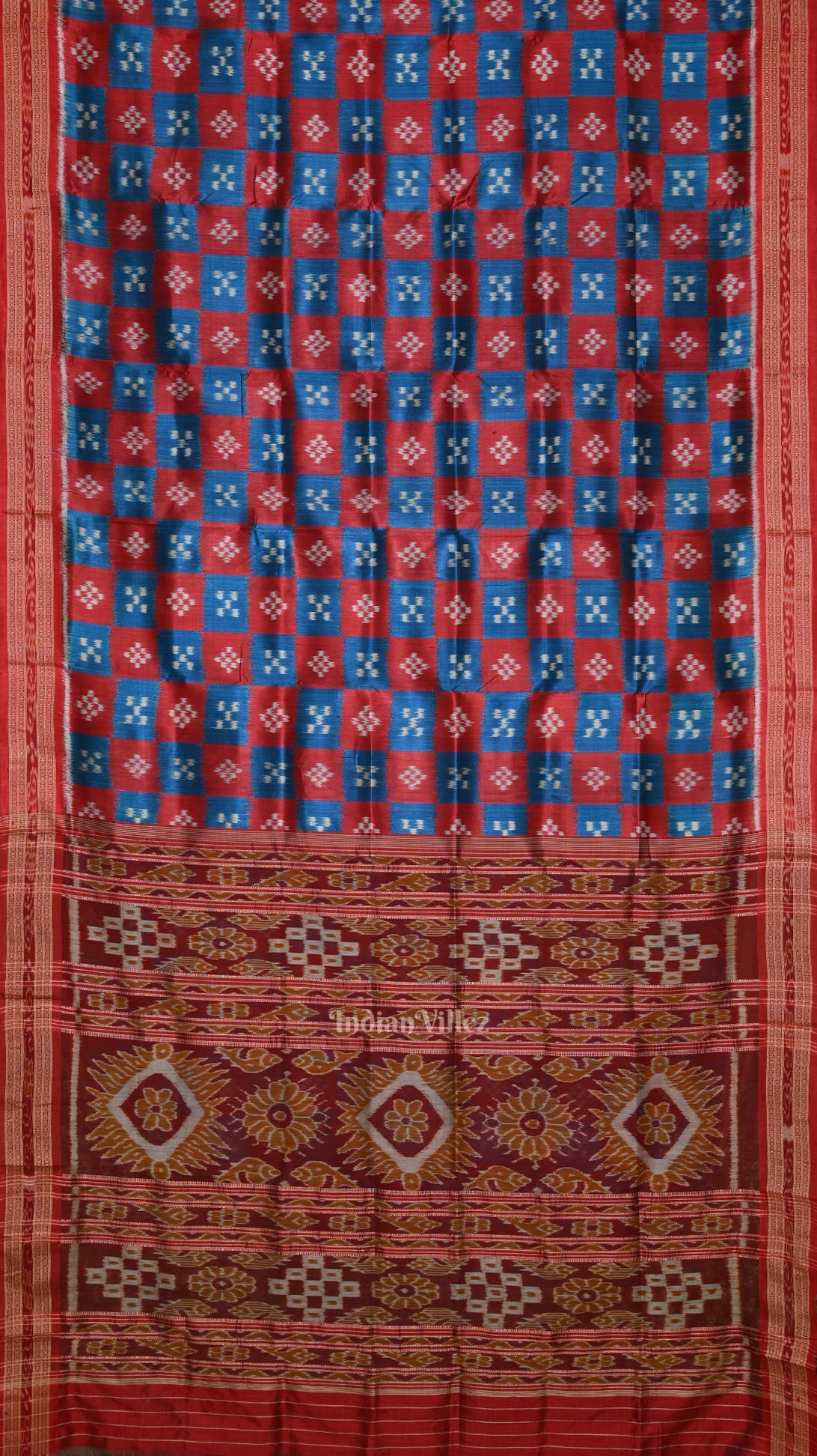 IndianVillèz Red Blue Body Pasapali Odisha Ikat Khandua Silk Saree
