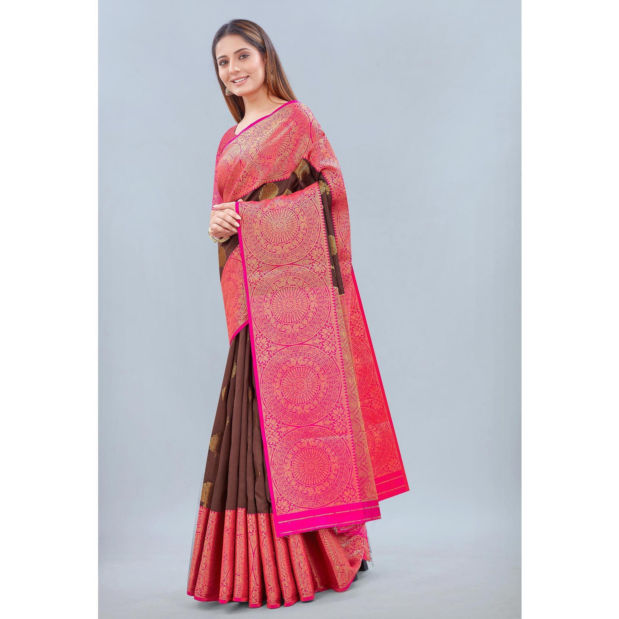 Peachmode Brown Woven Banarasi Silk Saree – Women's - view 2