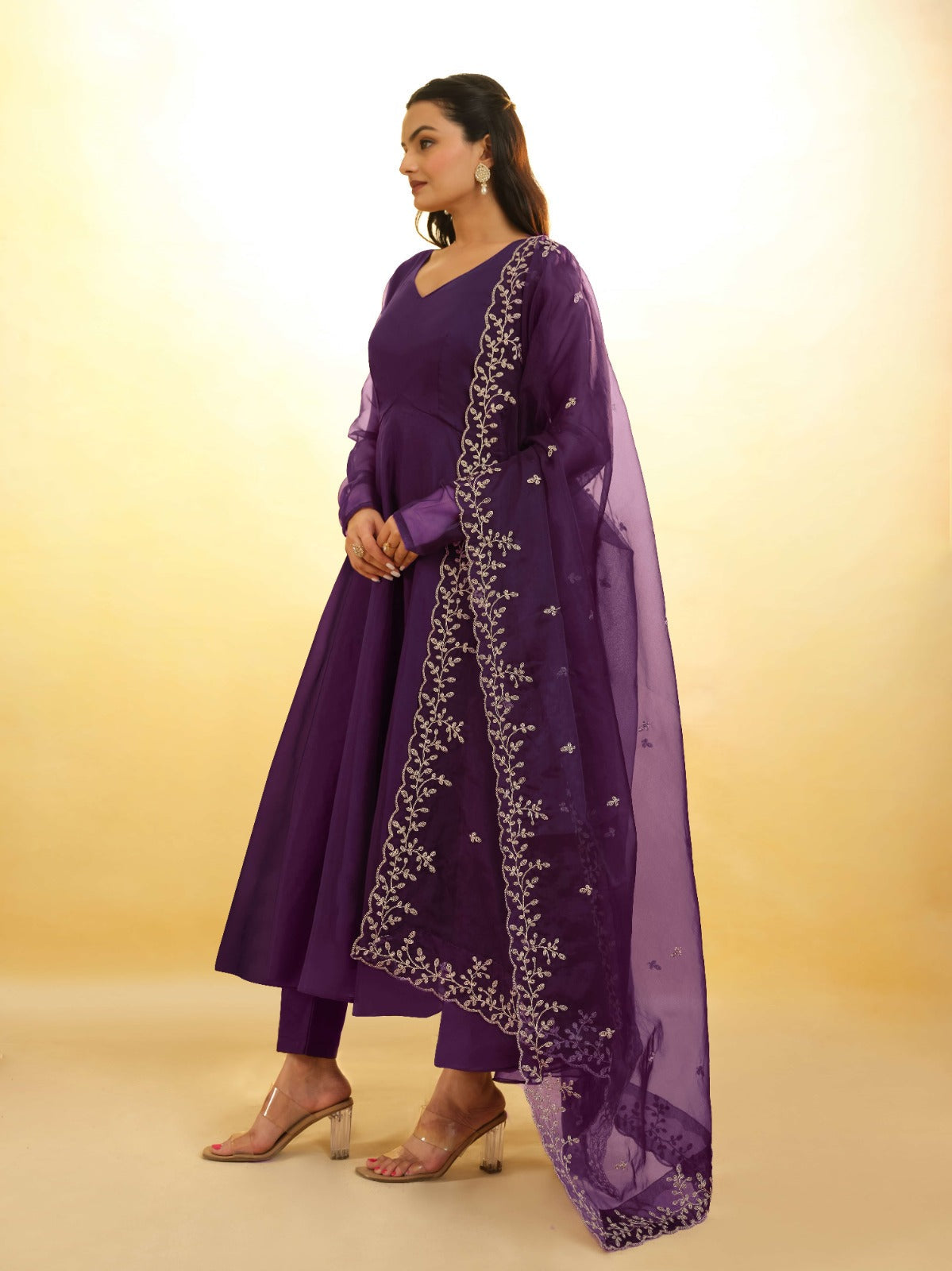 ClothsVilla Purple Organza Dress with Intricate Embroidery – Ready to Wear - view 4