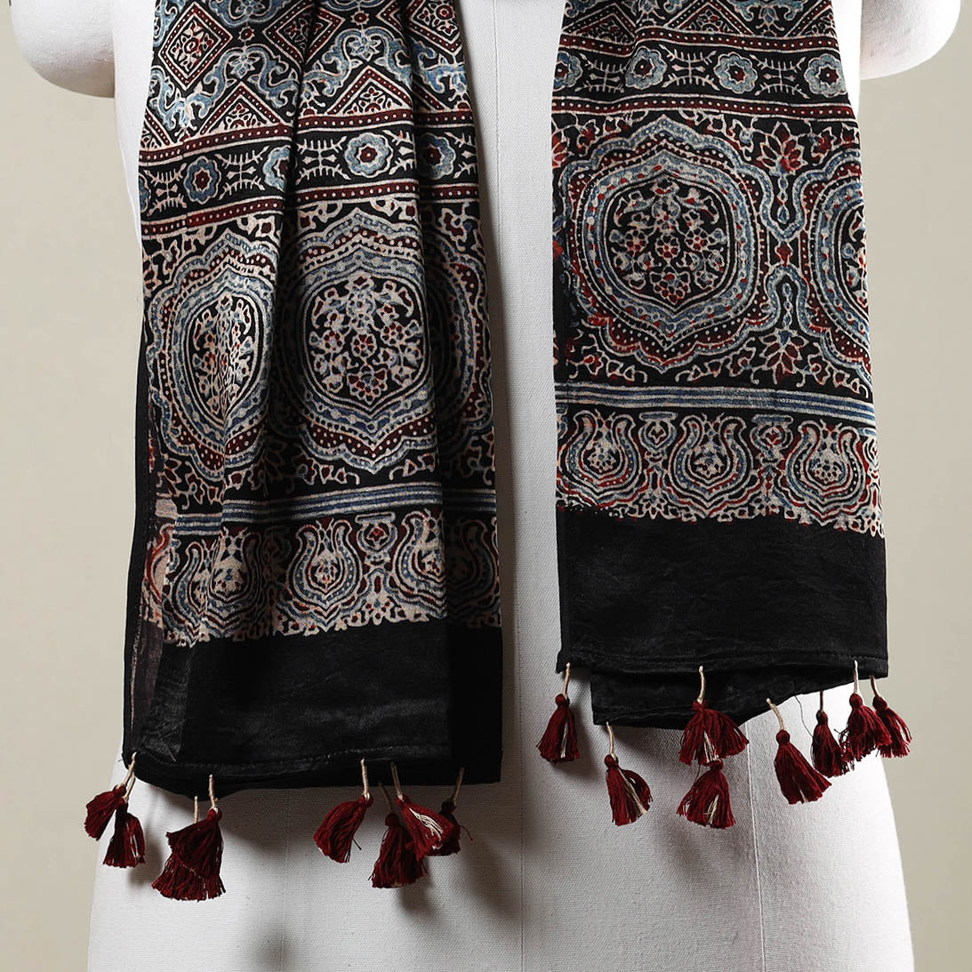 RIYAZ ABDULMAJID KHATRI - AJRAKH Black - Ajrakh Hand Block Printed Mashru Silk Stole with Tassels - view 3