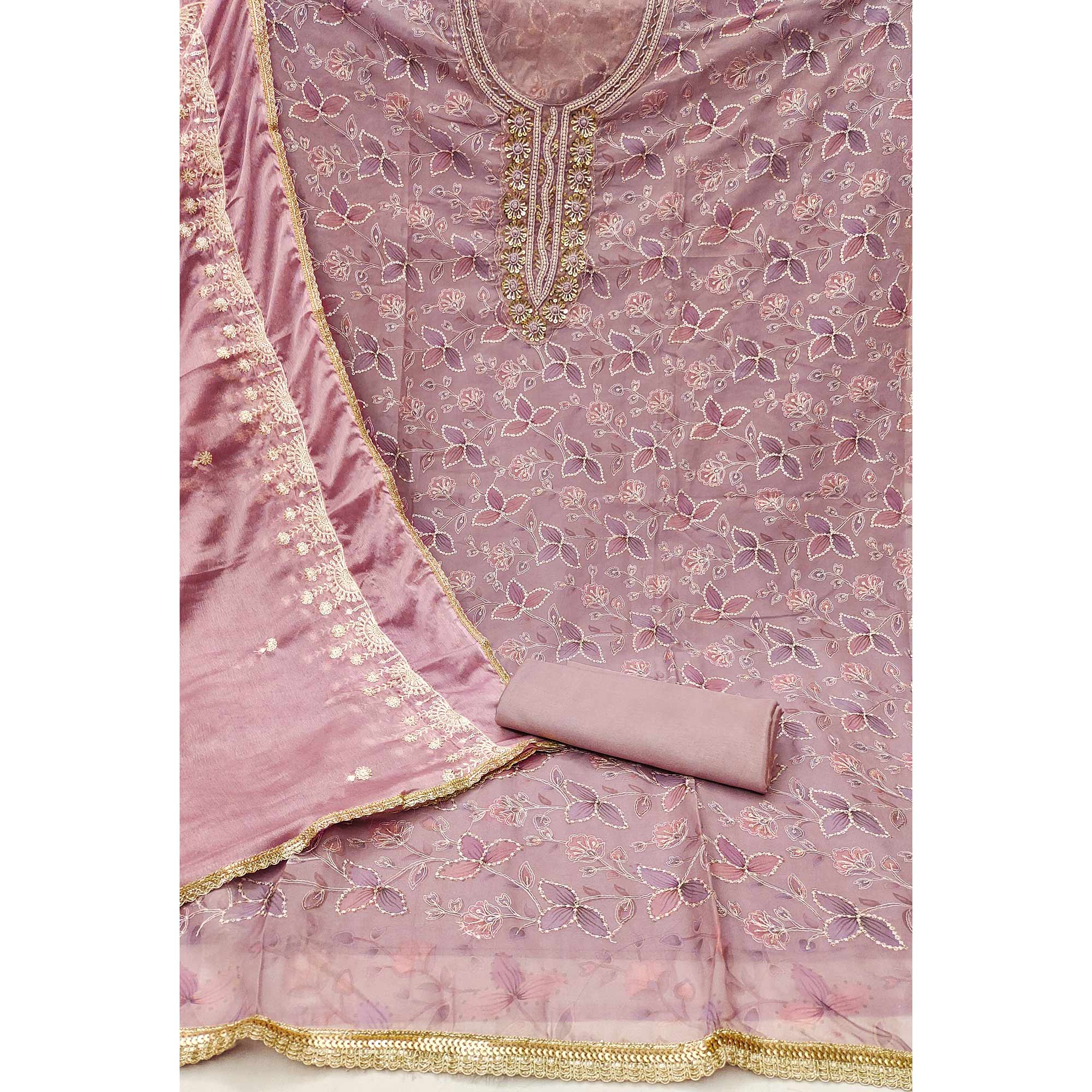 Peachmode Mauve Floral Hand Embroidered Organza Dress Material - view 4
