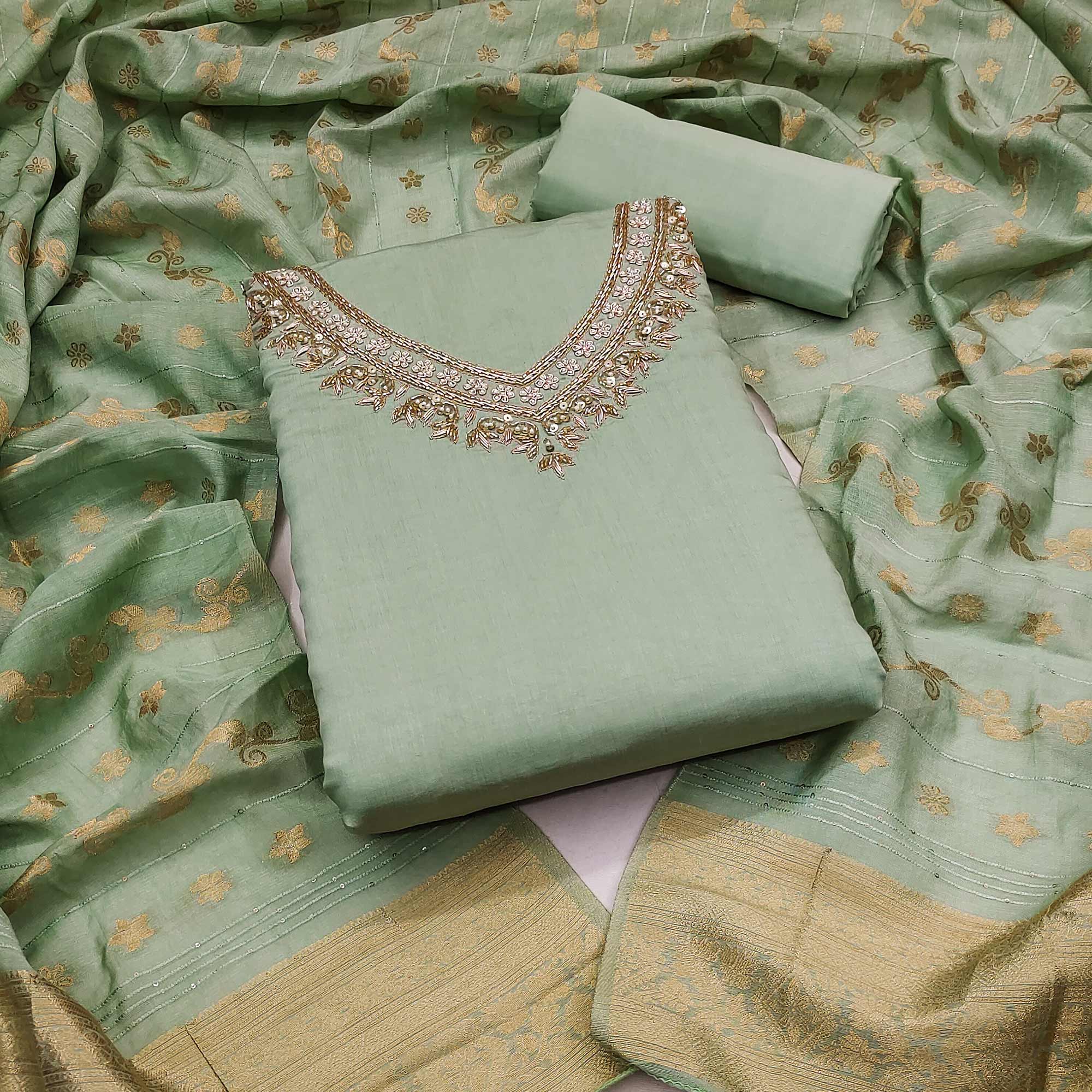 Green dress materials (unstitched) – BlackTree green-beads-embroidered-viscose-dress-material