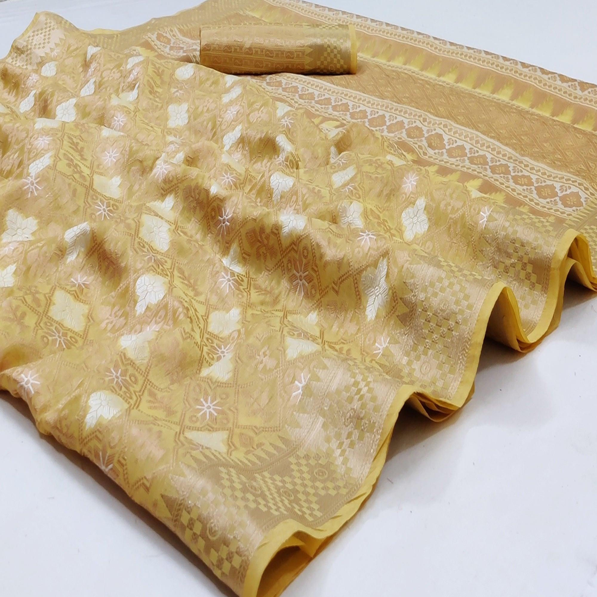 Peachmode Lemon Yellow Festive Wear Woven Art Silk Saree