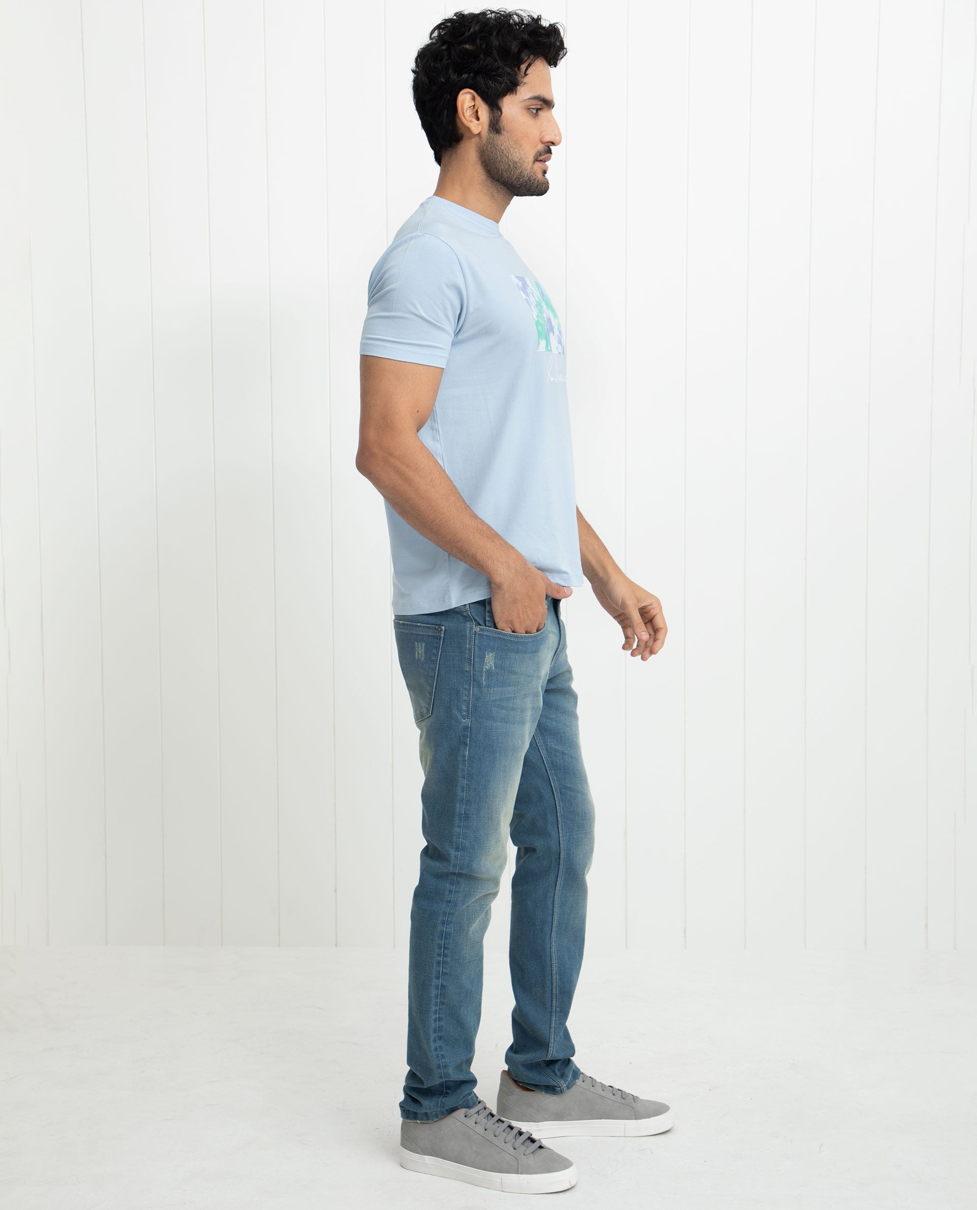 Rare Rabbit Men's Reed Blue Crew Neck Abstract Print With Branding Half Sleeves Slim Fit T-Shirt - view 9