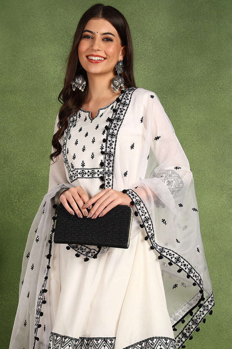 Ahika White Silk Blend Embroidered Thread Work A-Line Trouser Suit Set PKSKD2508WHT - view 2