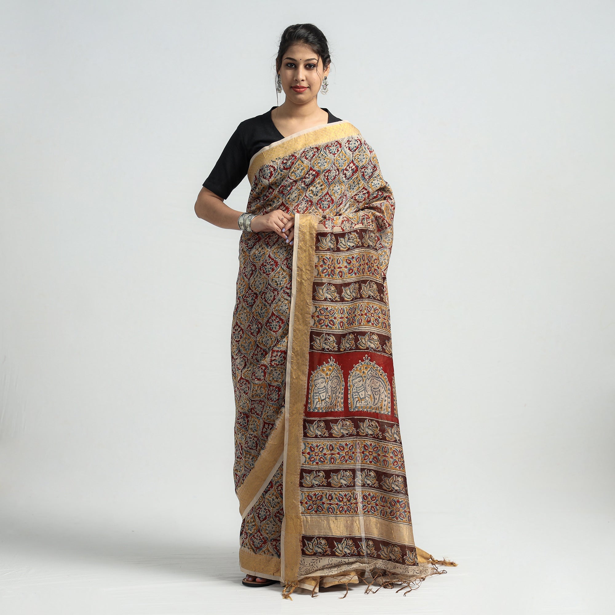 VENKATA BHANU KALAMKARI PEDANA Brown - Original Pedana Kalamkari Block Print Silk Saree